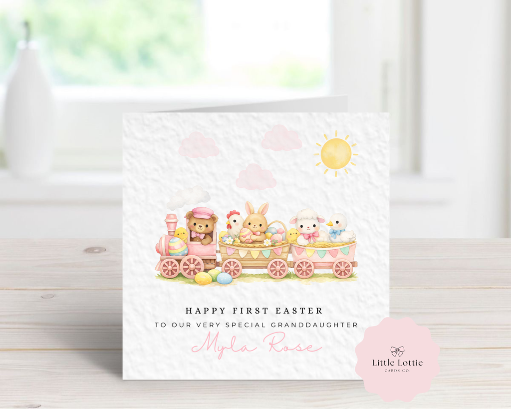 Personalised Baby's First Easter Card - Pink Watercolor Animal Train with Bear, Bunny & Lamb - Custom Name & Relation - Large 6" Square Card for Granddaughter, Daughter, Niece