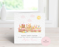 Personalised Baby's First Easter Card - Pink Watercolor Animal Train with Bear, Bunny & Lamb - Custom Name & Relation - Large 6" Square Card for Granddaughter, Daughter, Niece