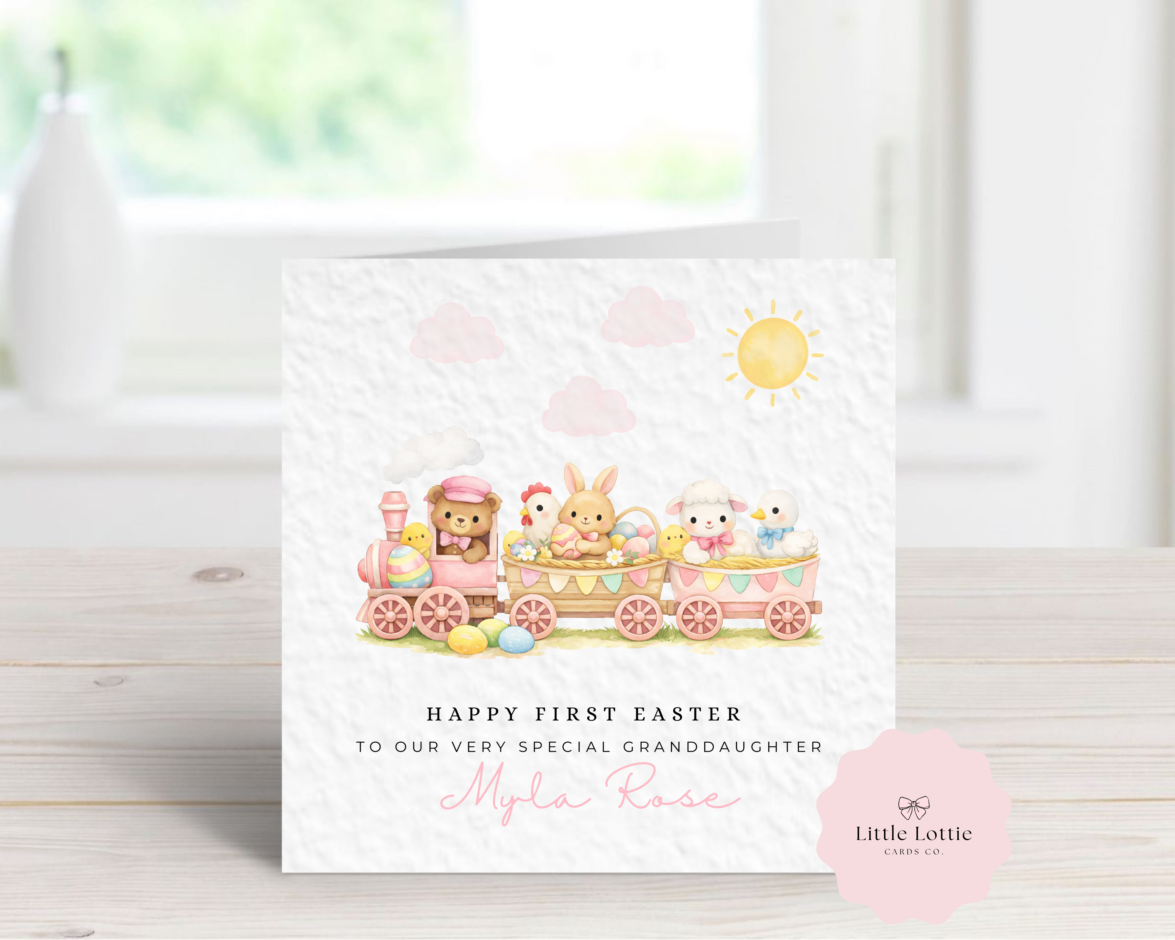 Personalised Baby's First Easter Card - Pink Watercolor Animal Train with Bear, Bunny & Lamb - Custom Name & Relation - Large 6" Square Card for Granddaughter, Daughter, Niece