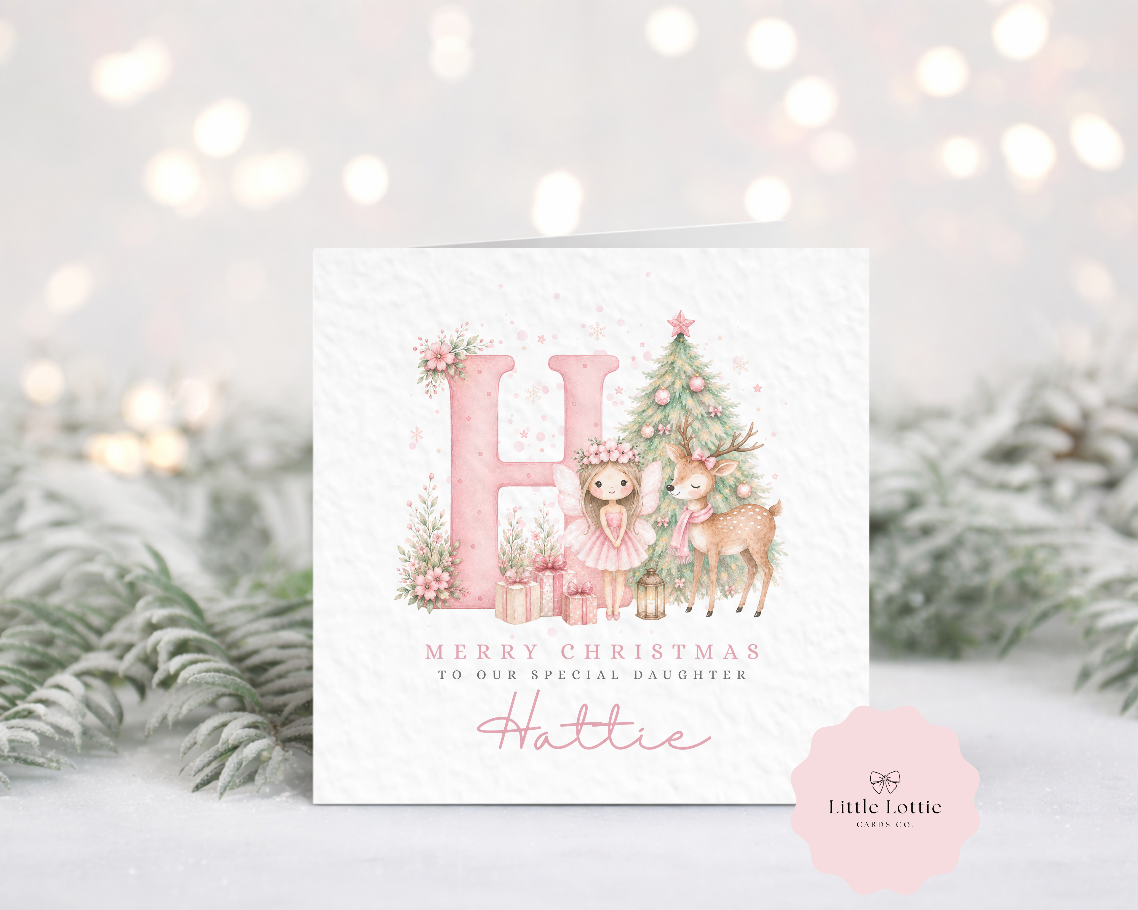 Personalised Christmas Card - Pink Initial Fairy & Deer Character