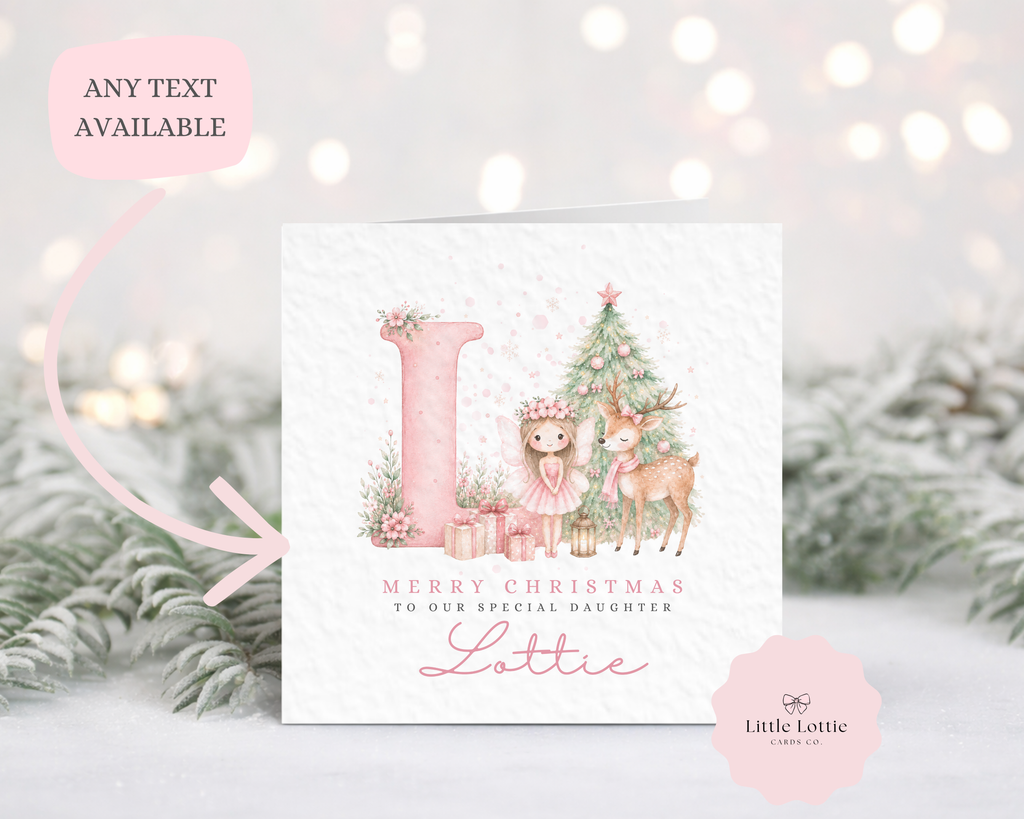 Personalised Christmas Card - Pink Initial Fairy & Deer Character