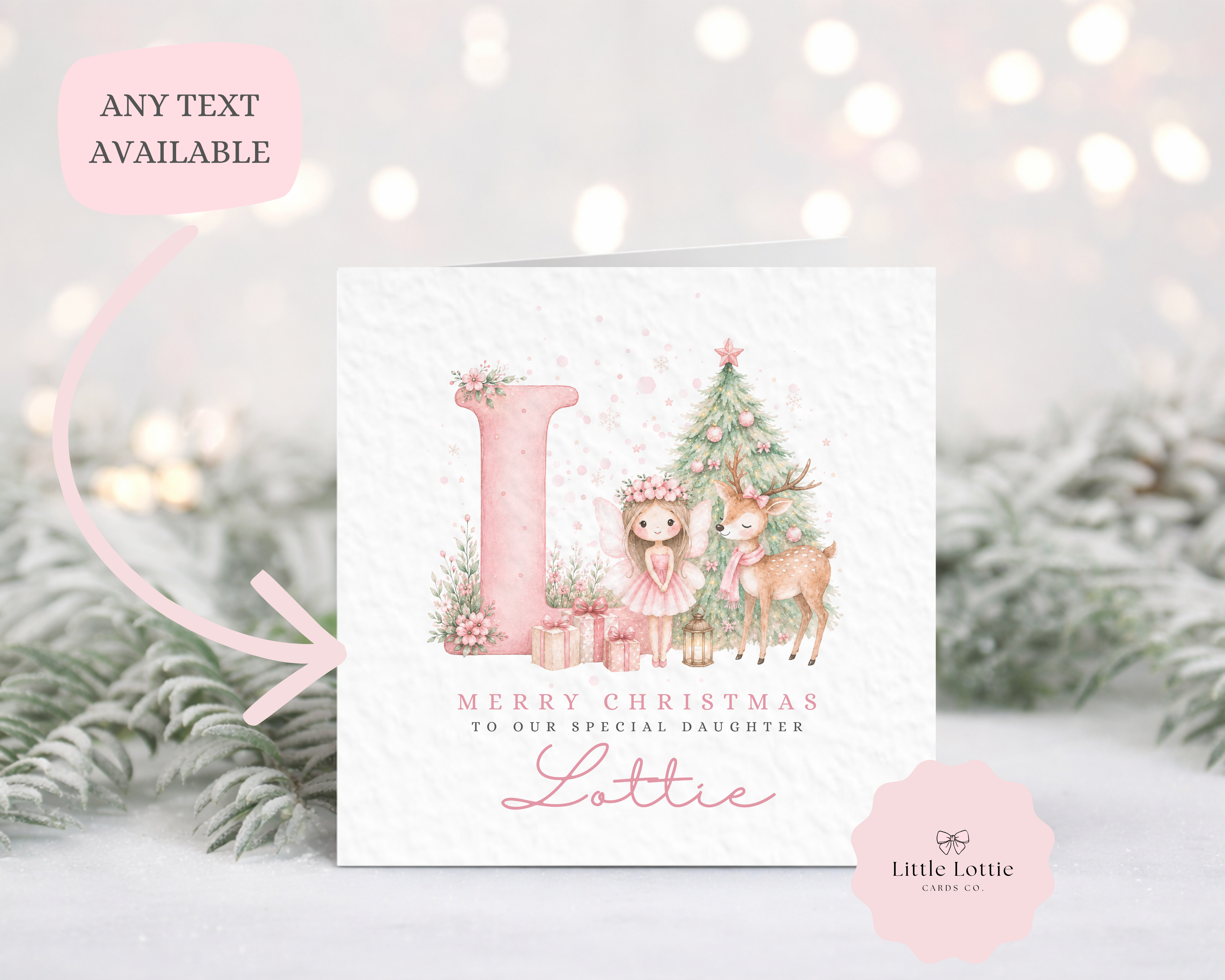 Personalised Christmas Card - Pink Initial Fairy & Deer Character
