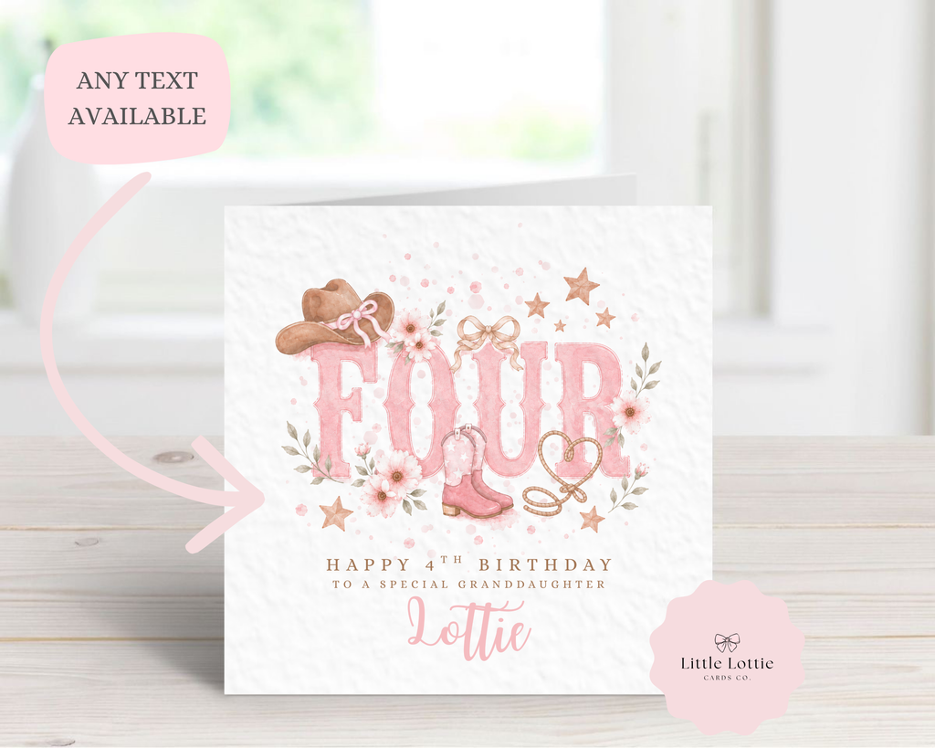 Personalised Birthday Card - Pink Cowgirl Theme - Western Boots & Hat