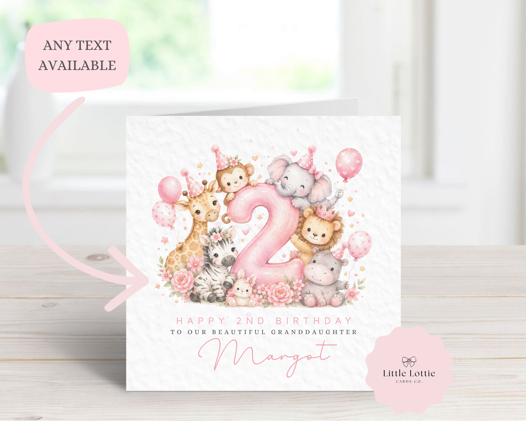 Personalised 2nd Birthday Card Girl | Cute Safari Animals