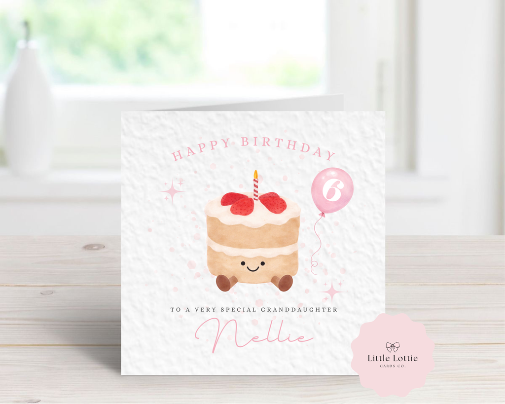Personalised Children’s Birthday Card - Watercolour Birthday Cake with Pink Balloon - Any Name, Age & Relation - Custom Card for Granddaughter, Daughter, Niece - Large 6" Square