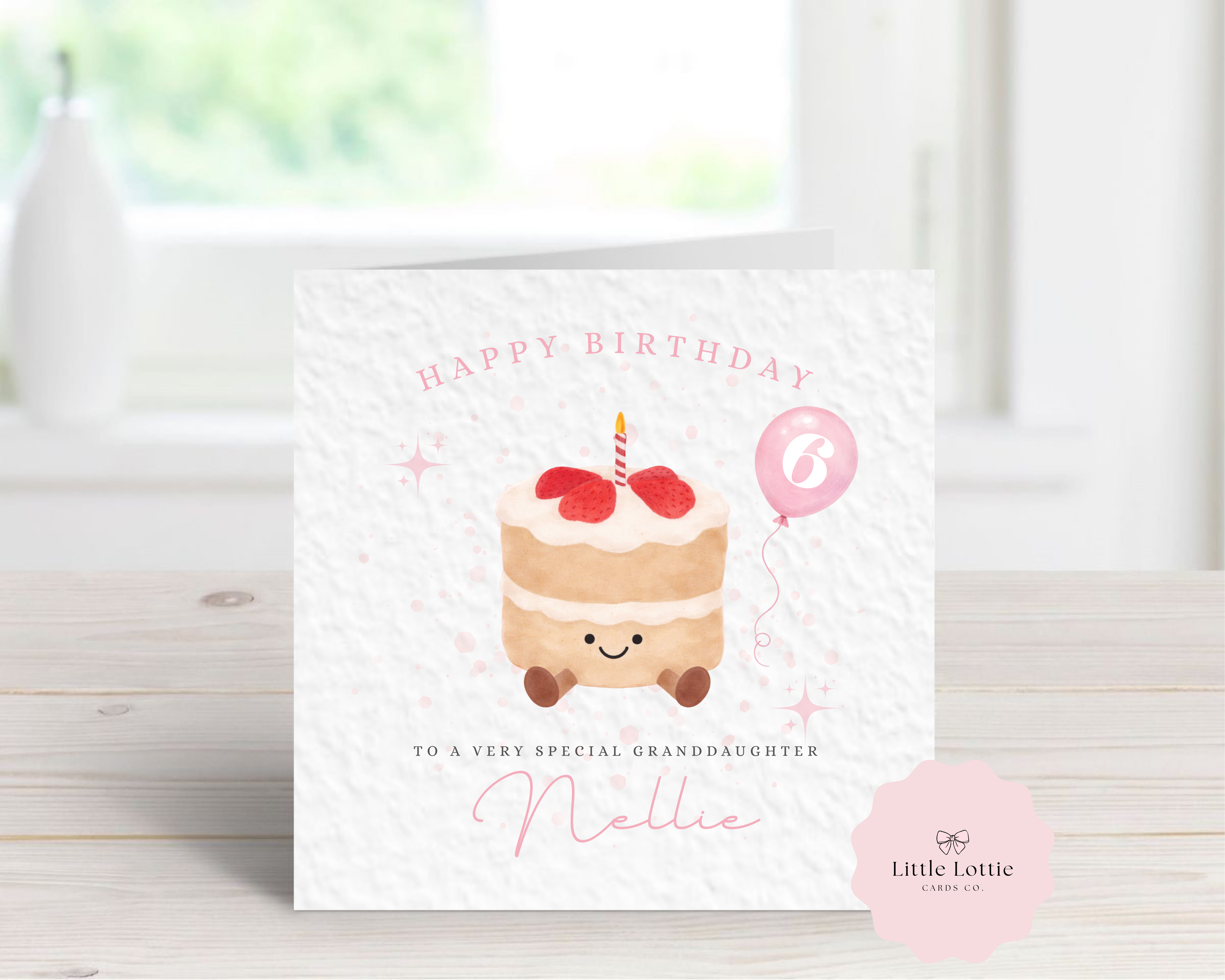 Personalised Children’s Birthday Card - Watercolour Birthday Cake with Pink Balloon - Any Name, Age & Relation - Custom Card for Granddaughter, Daughter, Niece - Large 6" Square
