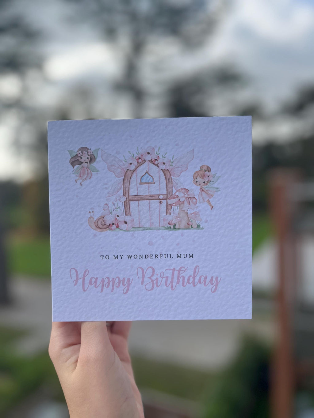 Personalised Fairy Garden Birthday Card - Watercolour Fairies & Toadstool House