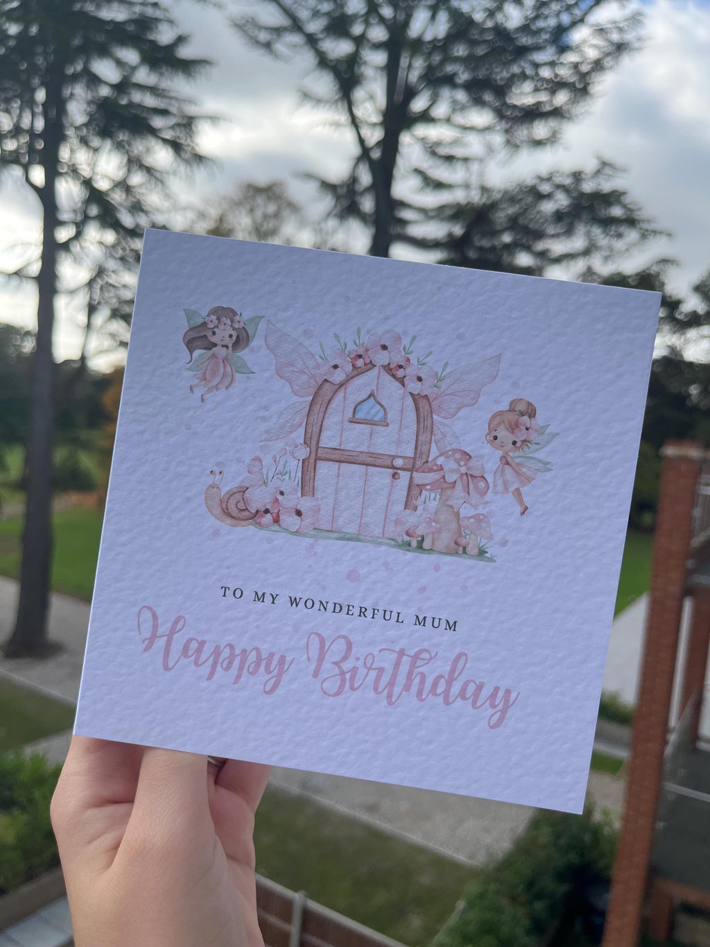 Personalised Fairy Garden Birthday Card - Watercolour Fairies & Toadstool House