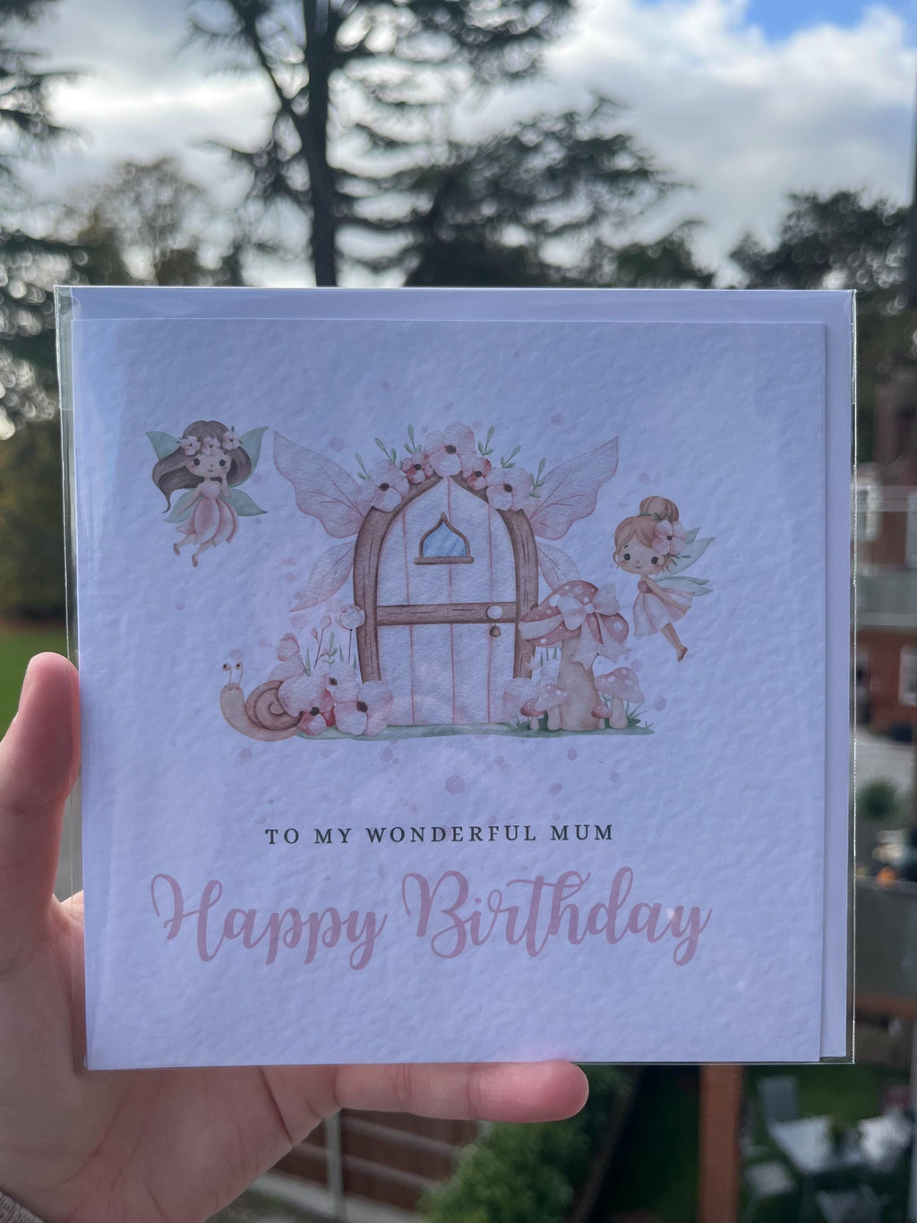 Personalised Fairy Garden Birthday Card - Watercolour Fairies & Toadstool House