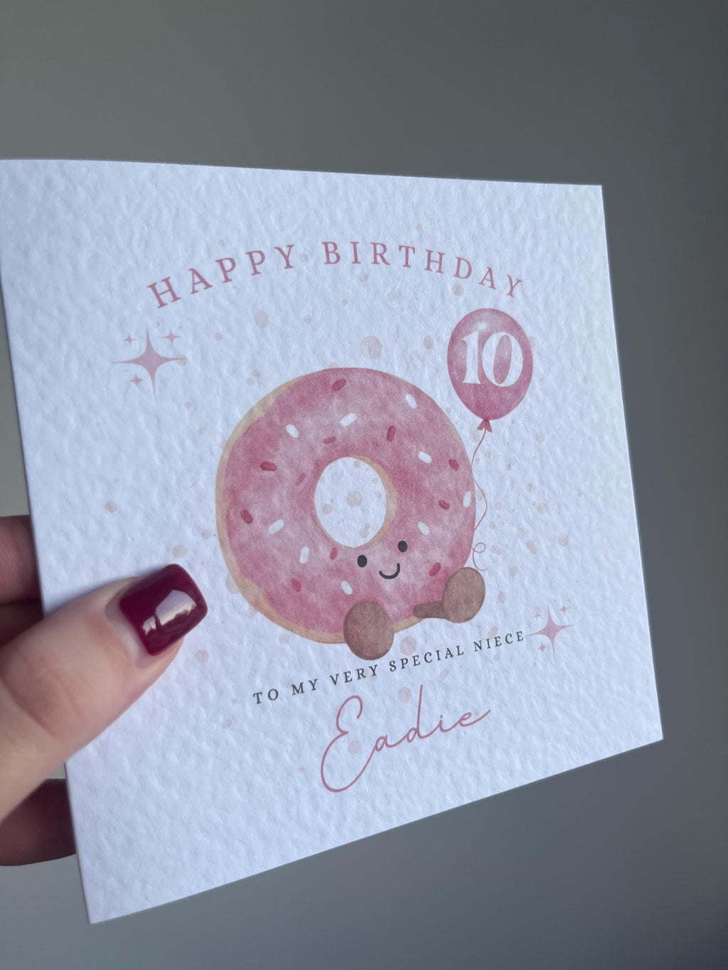 Personalised Birthday Card for Girls - Any Name, Age & Relation - Cute Pink Donut - Custom Card for Daughter, Niece, Granddaughter