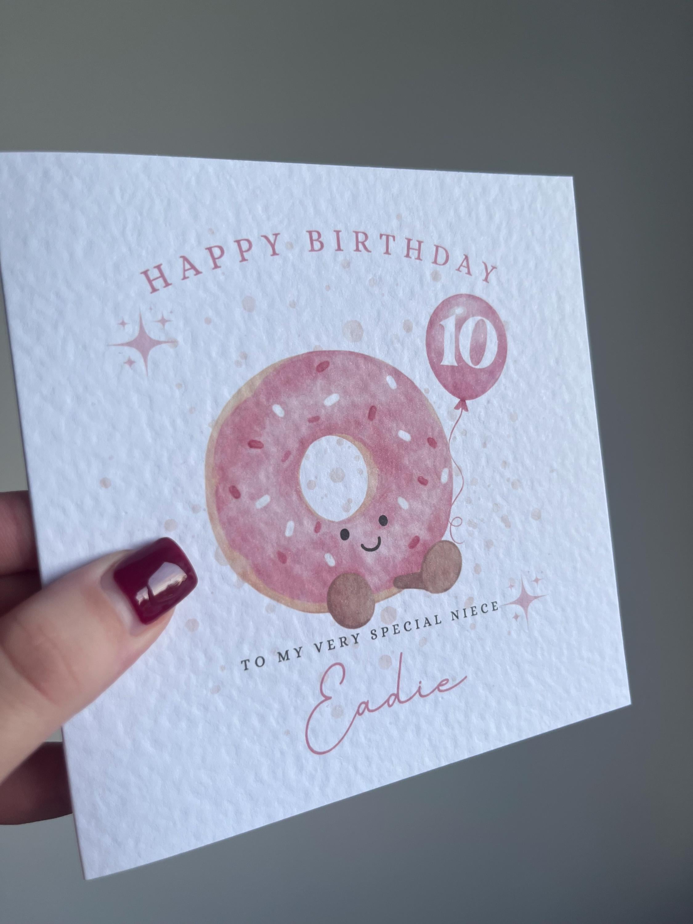 Personalised Birthday Card for Girls - Any Name, Age & Relation - Cute Pink Donut - Custom Card for Daughter, Niece, Granddaughter