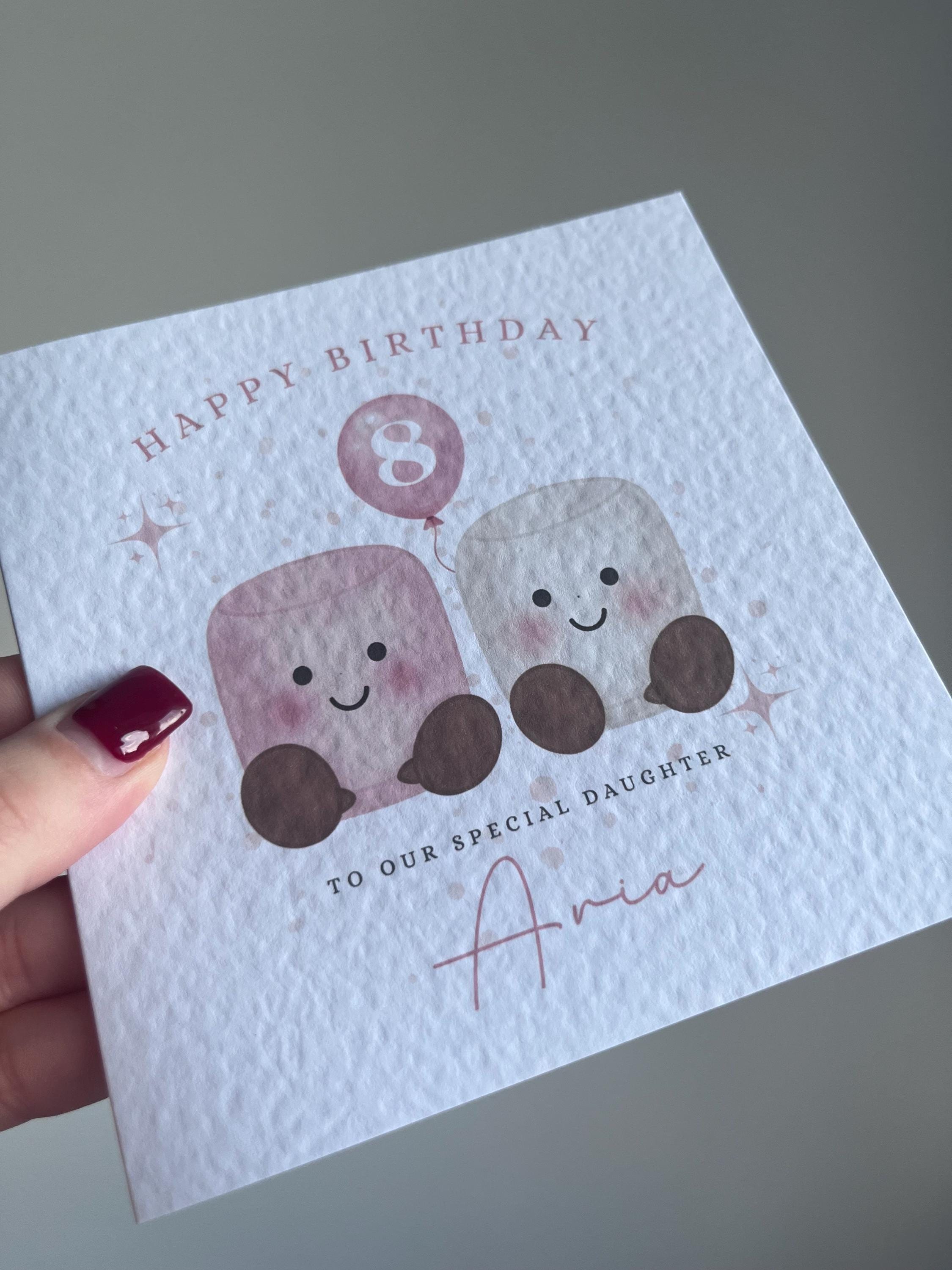 Personalised Marshmallow Birthday Card - Cute Kawaii Food Design - Any Name & Age - Custom Card for Granddaughter, Daughter, Sister - Large 6" Square