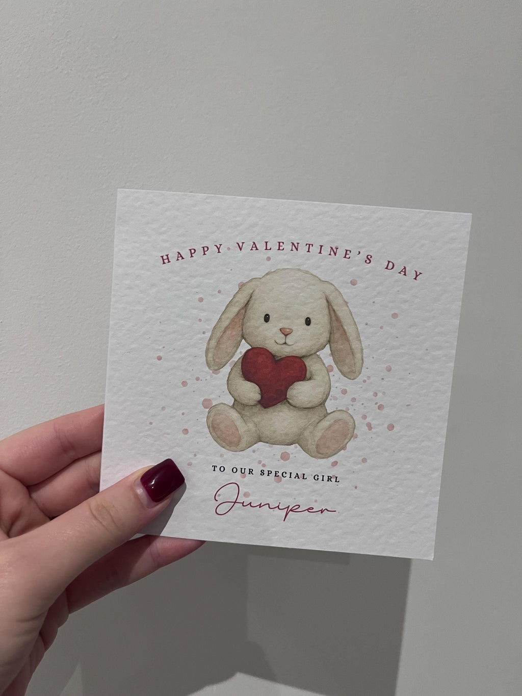 Personalised Valentine’s Day Card - Cute Watercolor Bunny Rabbit with Red Heart - Any Name & Relation - Custom Card for Daughter, Son, Granddaughter or Niece