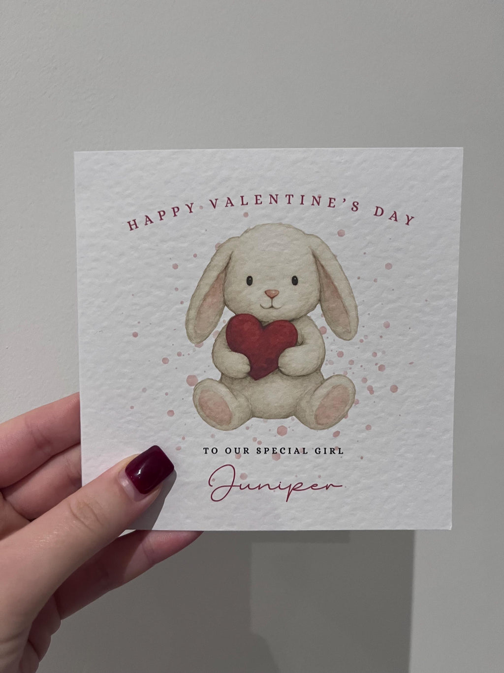 Personalised Valentine’s Day Card - Cute Watercolor Bunny Rabbit with Red Heart - Any Name & Relation - Custom Card for Daughter, Son, Granddaughter or Niece