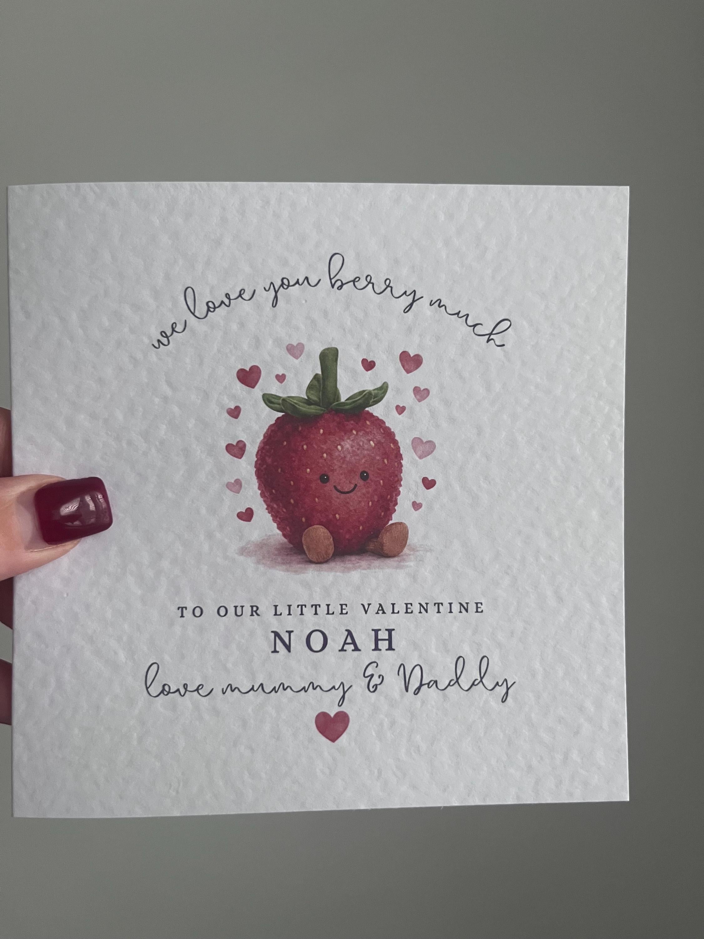 Personalised Valentine’s Day Card - "I Love You Berry Much" Strawberry Illustration - Any Name & Relation - Custom Card for Daughter, Son, Granddaughter or Girlfriend