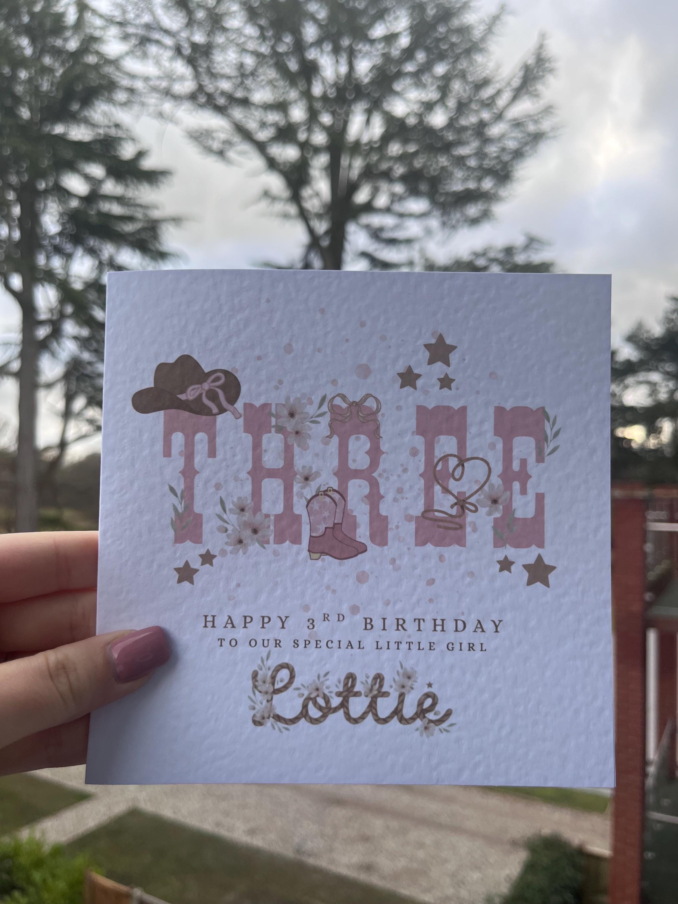 Personalised 2nd Birthday Card - Pink Cowgirl Theme - Western Boots & Hat