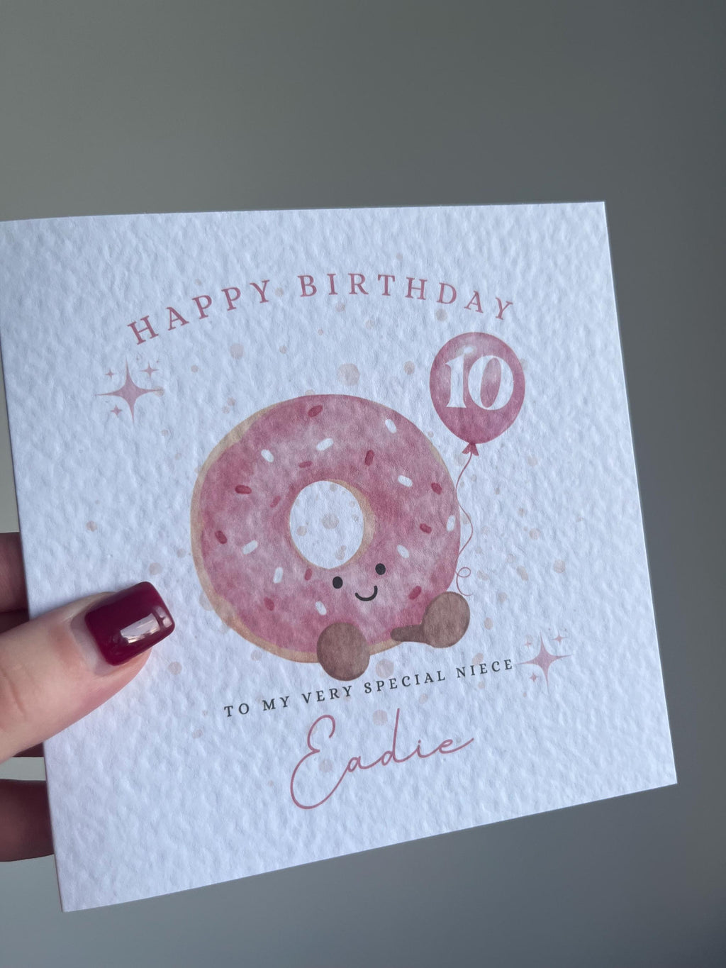 Personalised Birthday Card for Girls - Any Name, Age & Relation - Cute Pink Donut - Custom Card for Daughter, Niece, Granddaughter
