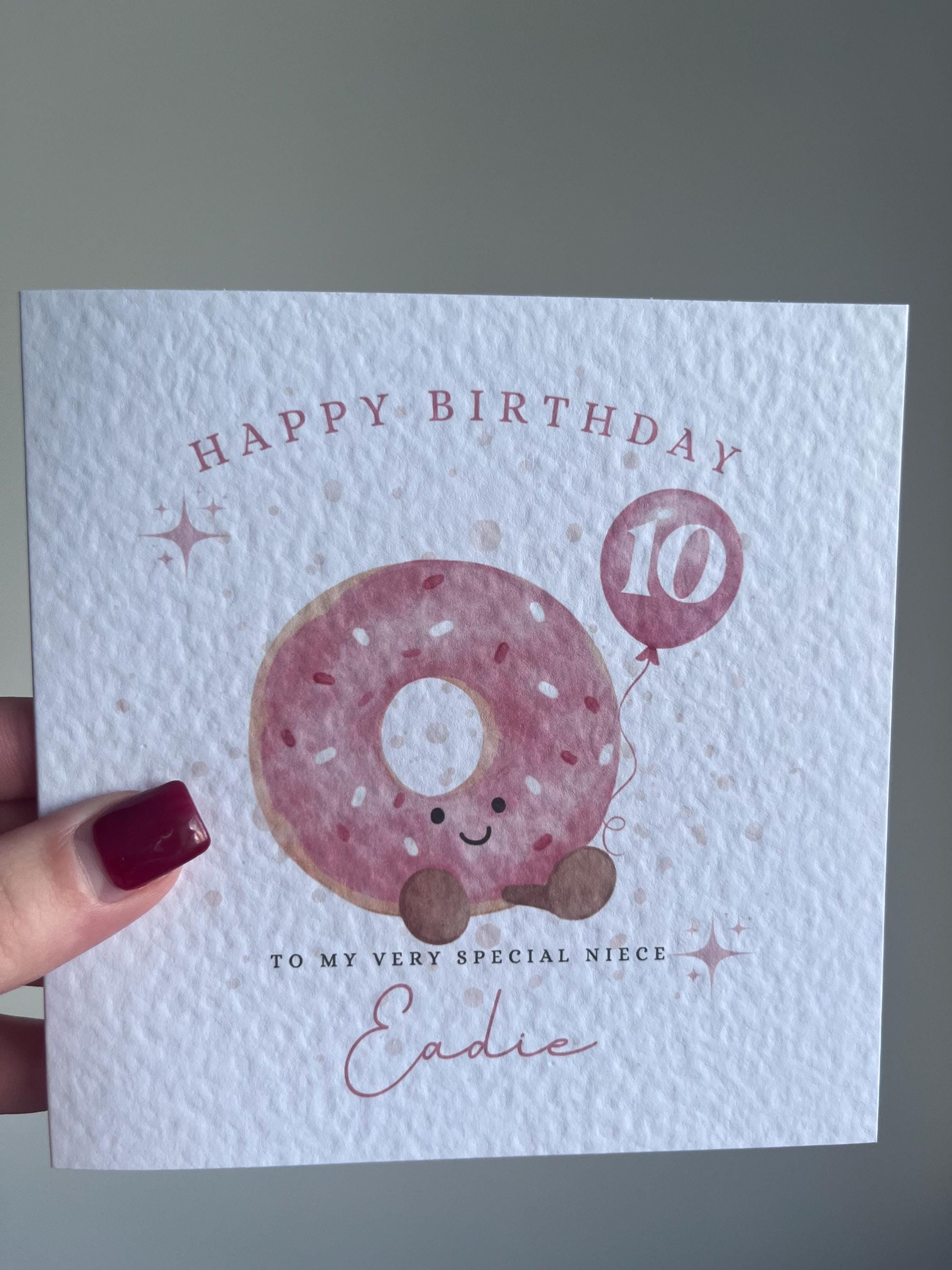 Personalised Birthday Card for Girls - Any Name, Age & Relation - Cute Pink Donut - Custom Card for Daughter, Niece, Granddaughter