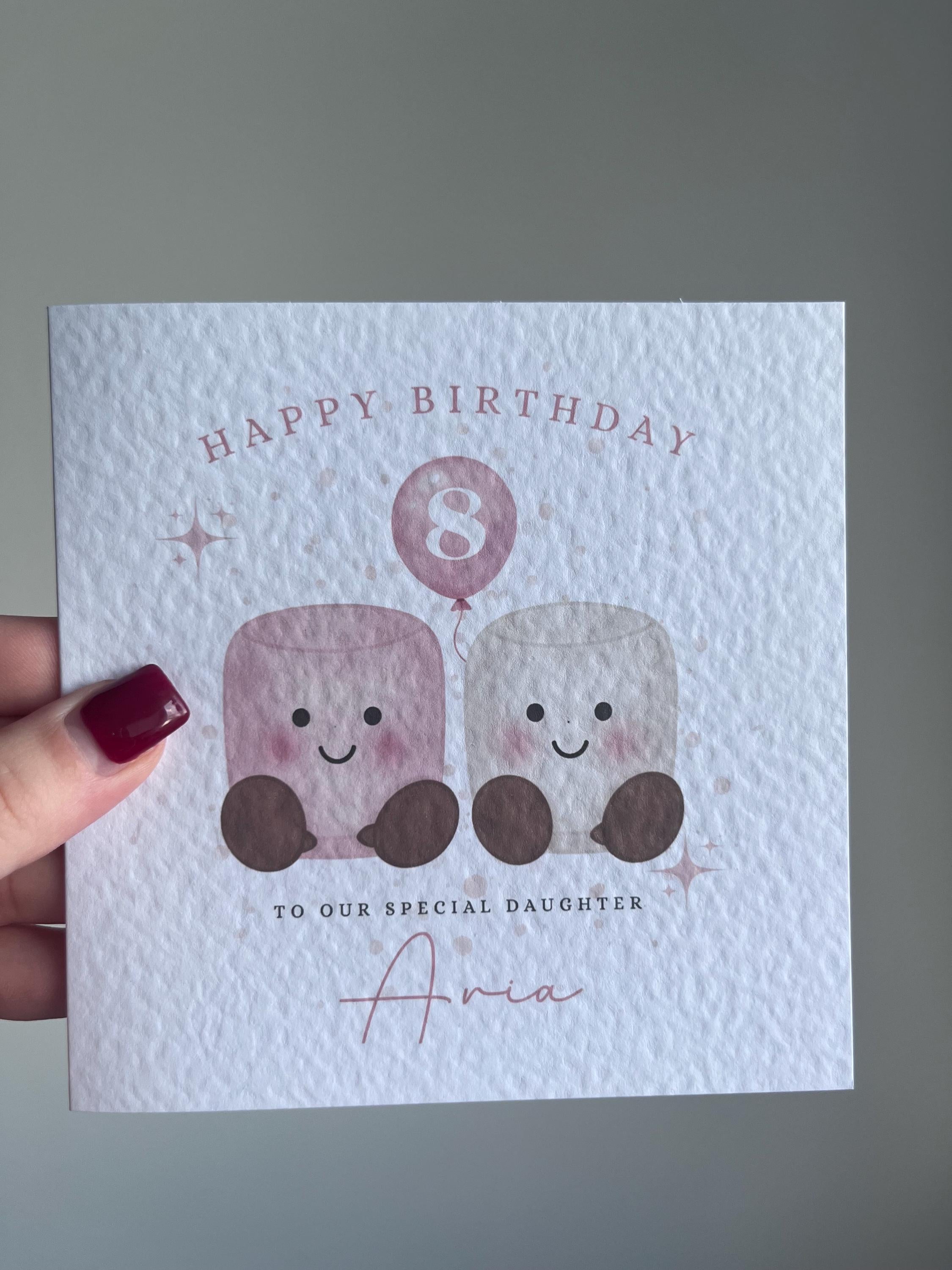 Personalised Marshmallow Birthday Card - Cute Kawaii Food Design - Any Name & Age - Custom Card for Granddaughter, Daughter, Sister - Large 6" Square