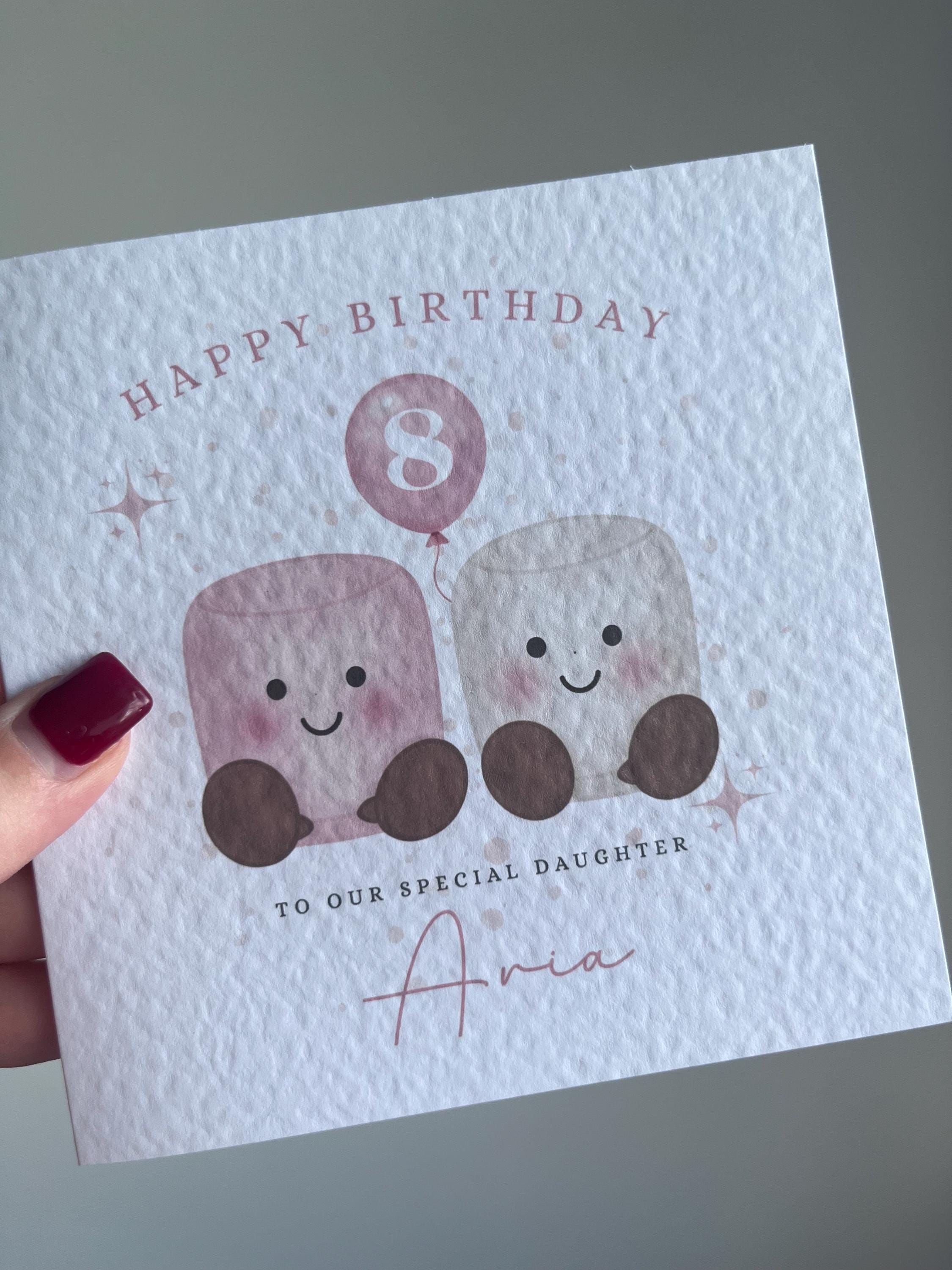Personalised Marshmallow Birthday Card - Cute Kawaii Food Design - Any Name & Age - Custom Card for Granddaughter, Daughter, Sister - Large 6" Square