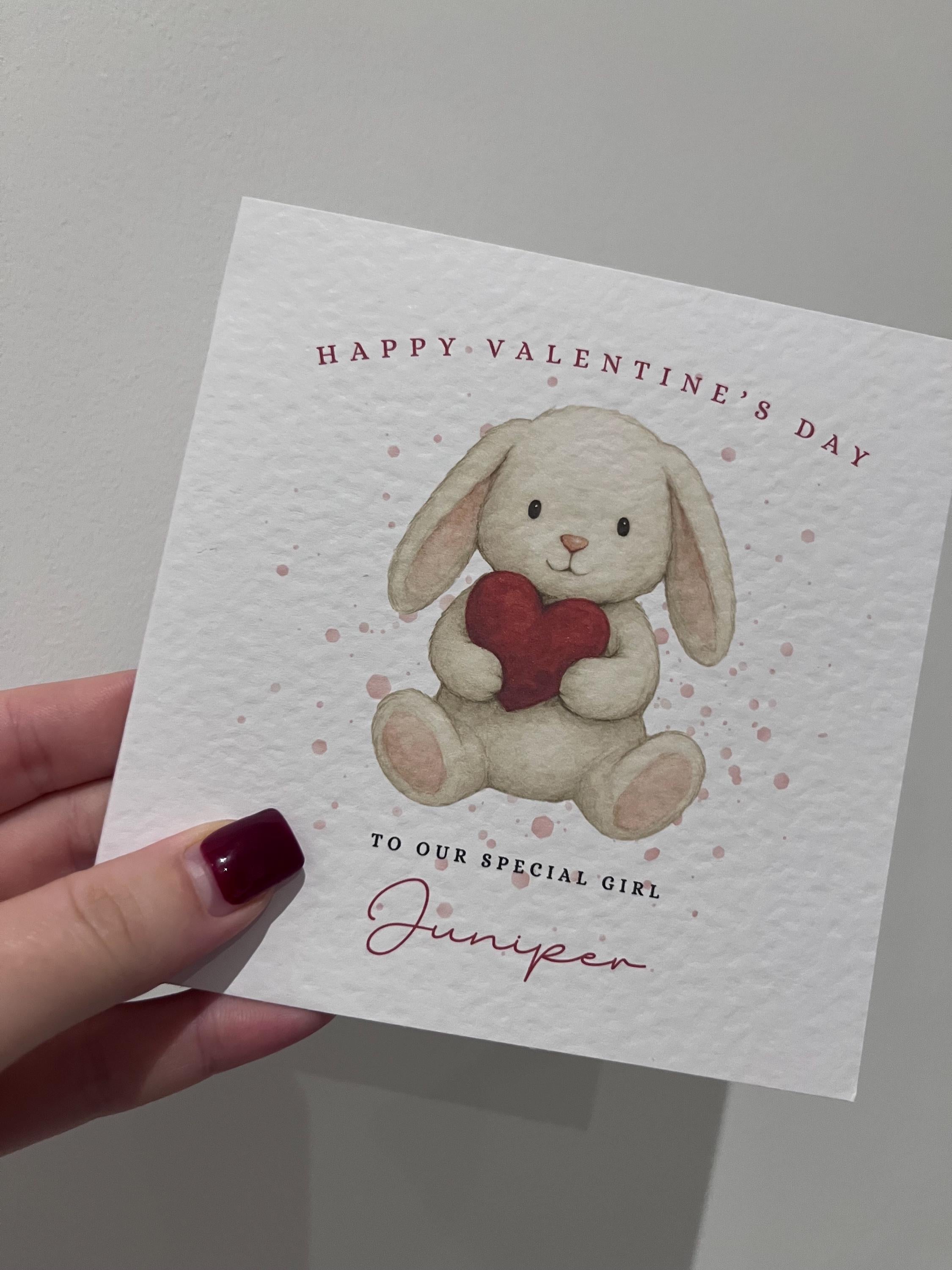 Personalised Valentine’s Day Card - Cute Watercolor Bunny Rabbit with Red Heart - Any Name & Relation - Custom Card for Daughter, Son, Granddaughter or Niece