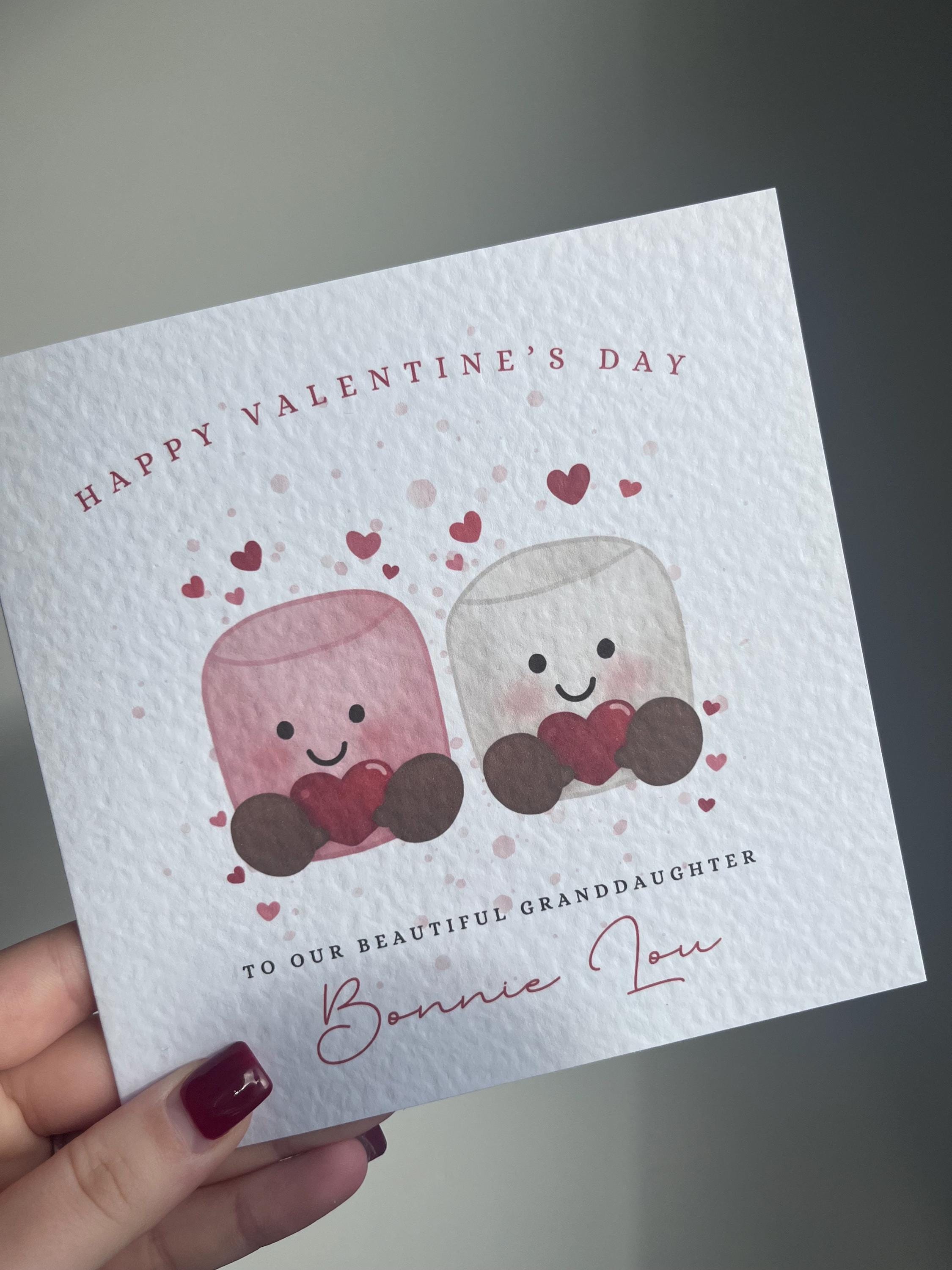 Personalised Valentine’s Day Card - Any Name & Relation - Cute Hot Chocolate Marshmallow Illustration - Custom Card for Daughter, Son, Girlfriend or Boyfriend