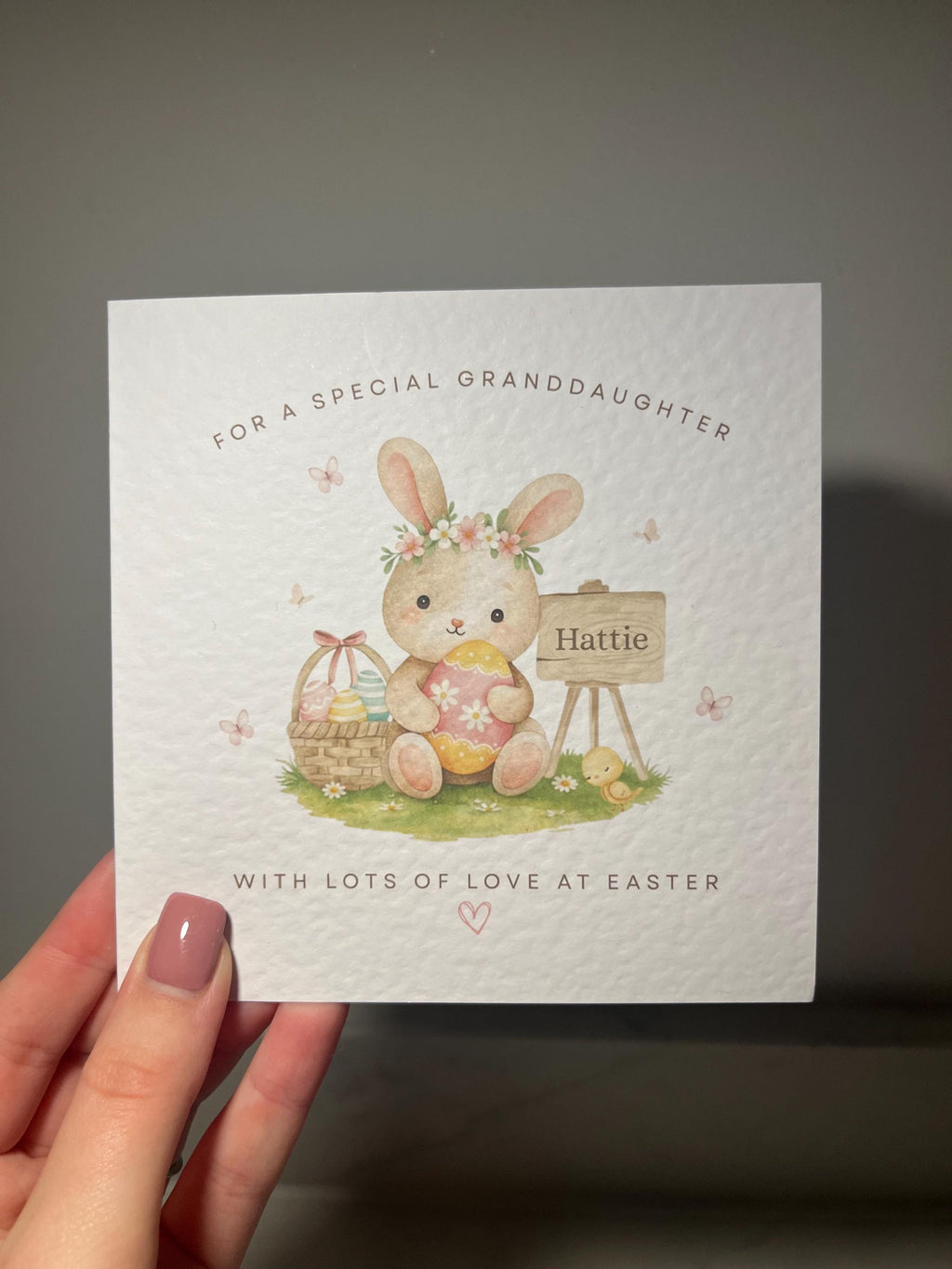 Personalised Easter Card for Granddaughter, Daughter or Niece - Any Name & Relation - Cute Watercolor Bunny with Flower Crown - Custom Girls Easter Card