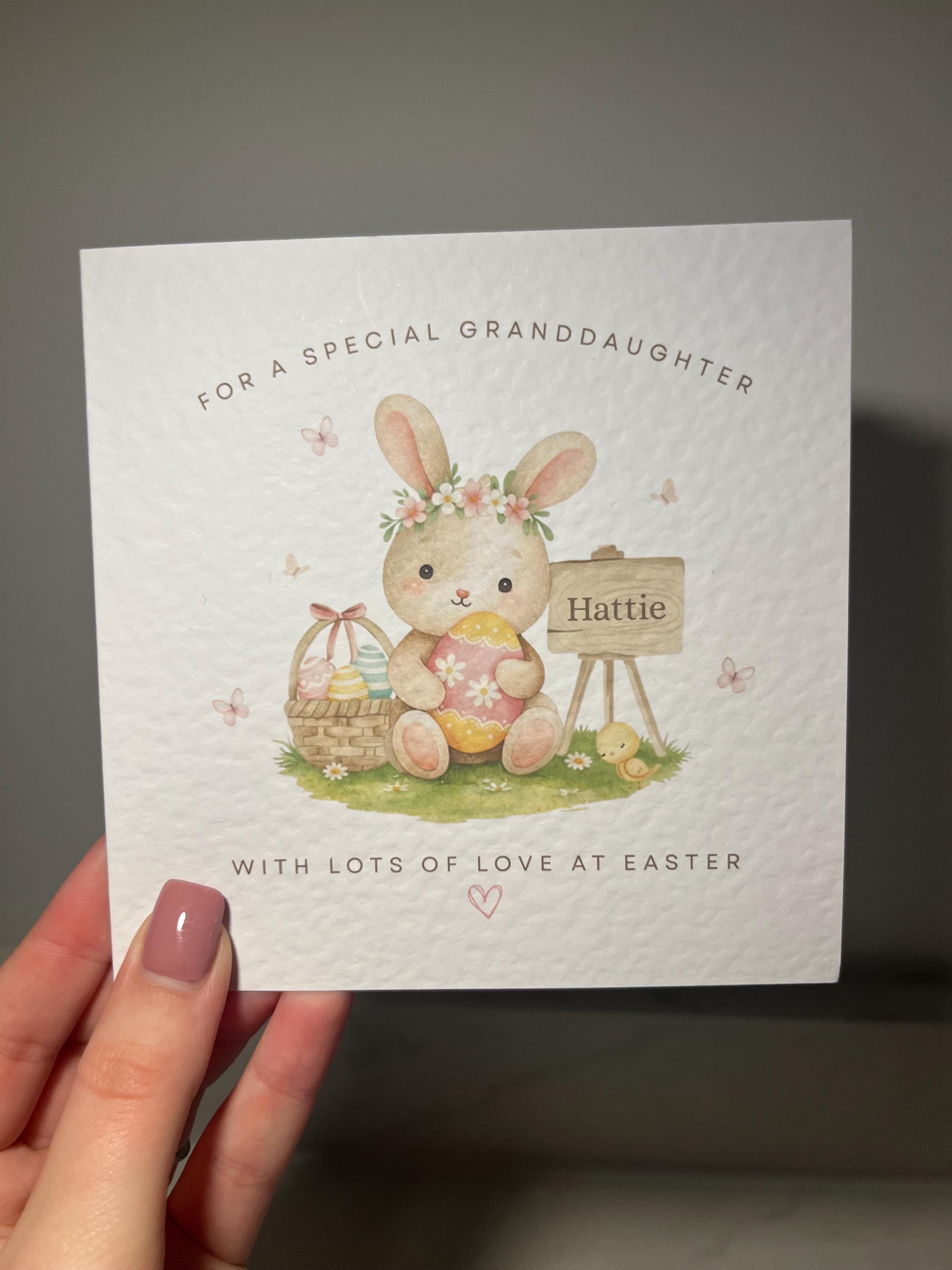 Personalised Easter Card for Granddaughter, Daughter or Niece - Any Name & Relation - Cute Watercolor Bunny with Flower Crown - Custom Girls Easter Card