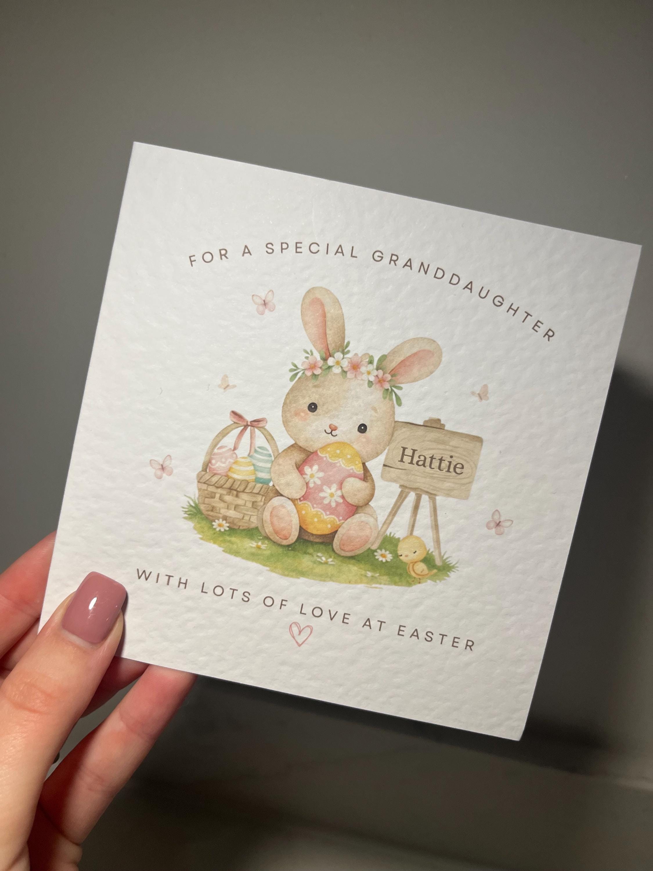 Personalised Easter Card for Granddaughter, Daughter or Niece - Any Name & Relation - Cute Watercolor Bunny with Flower Crown - Custom Girls Easter Card