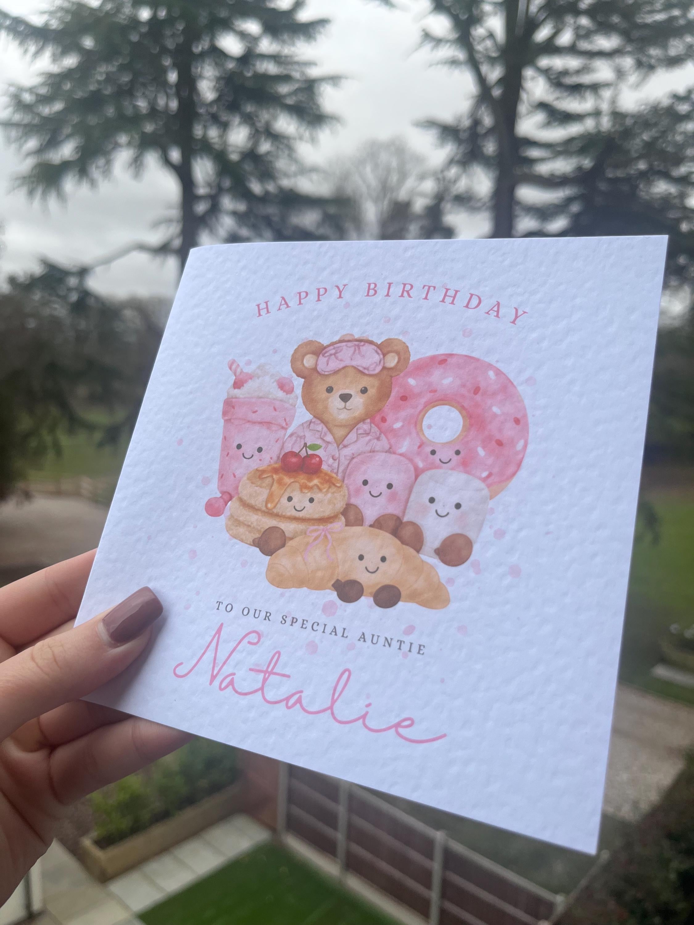 Personalised Breakfast Club Birthday Card - Cute Watercolour Teddy Bear, Pancakes & Donut