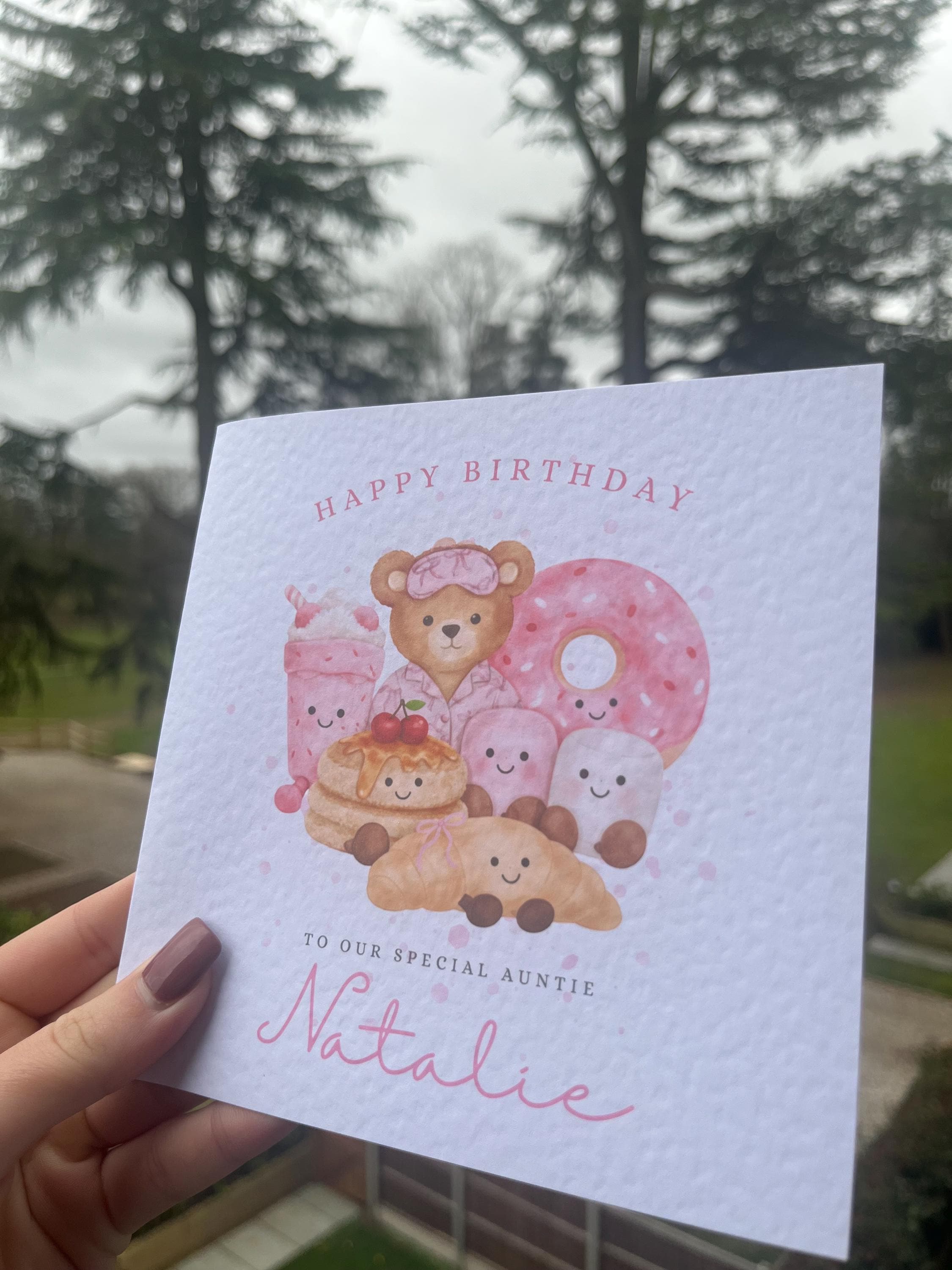 Personalised Breakfast Club Birthday Card - Cute Watercolour Teddy Bear, Pancakes & Donut