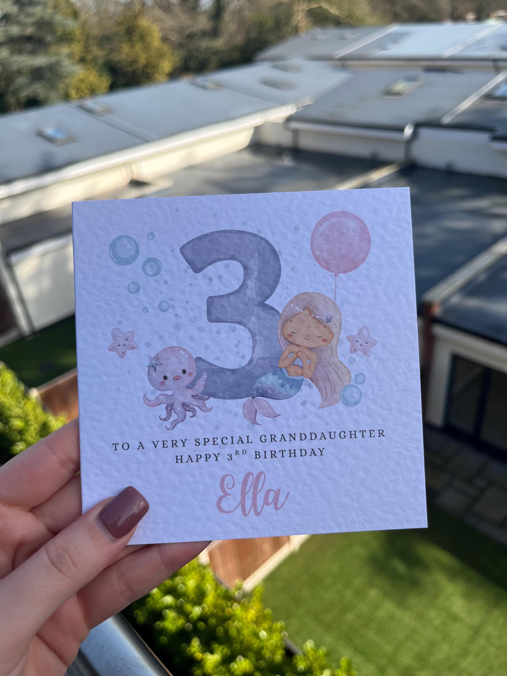Personalised Mermaid Birthday Card - Cute Watercolour Mermaid & Octopus Illustration