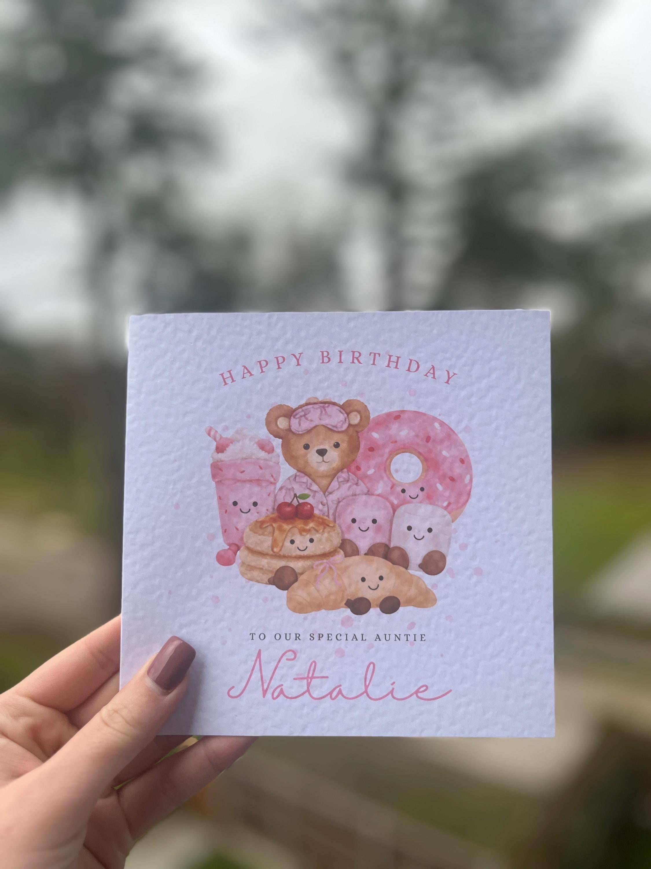 Personalised Breakfast Club Birthday Card - Cute Watercolour Teddy Bear, Pancakes & Donut