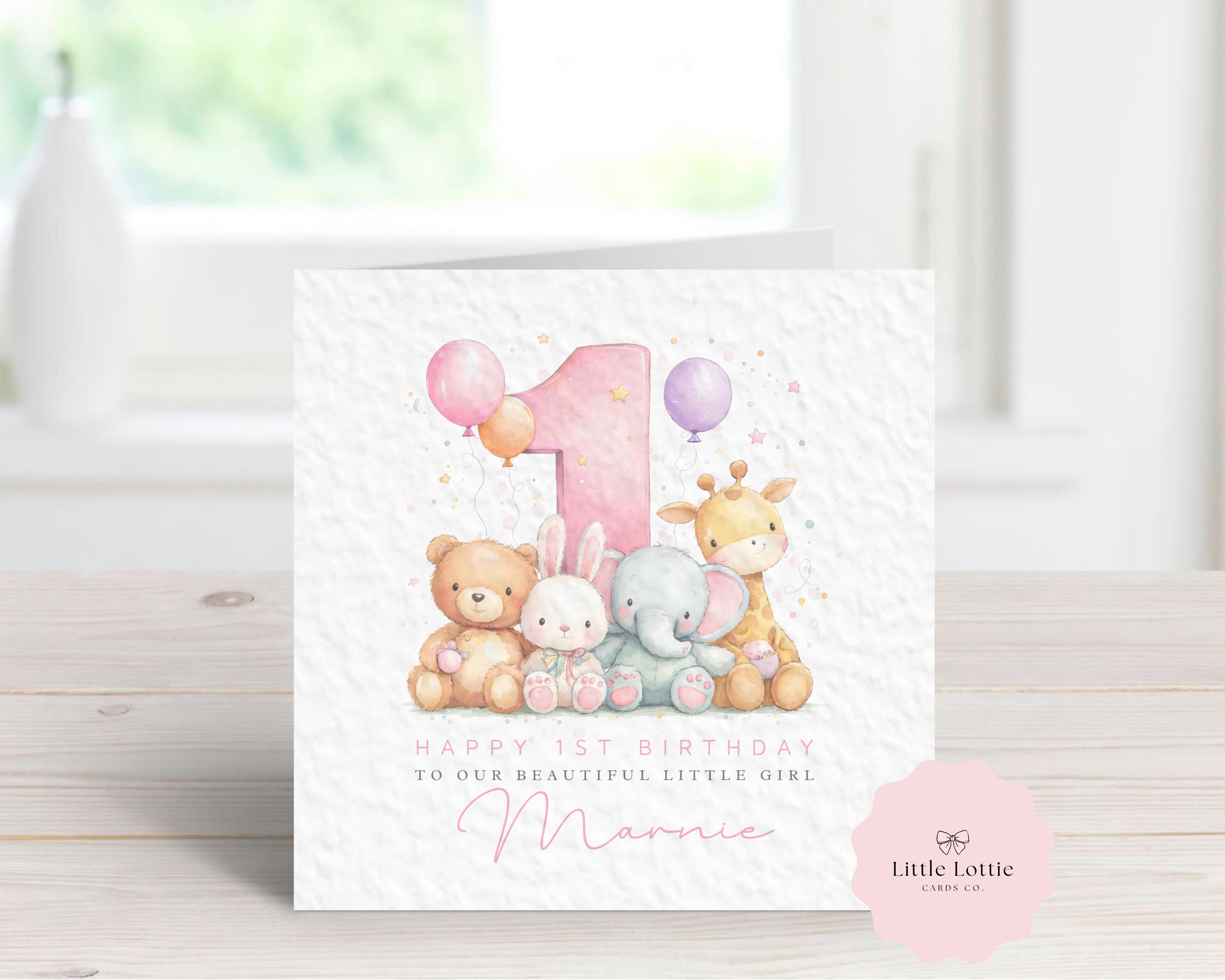 Personalised Girl's 1st Birthday Card - Watercolor Jungle & Woodland Animals Design - Large Pink Number 1 - Custom Name & Relation - Luxury 6" Square Card for Daughter, Granddaughter