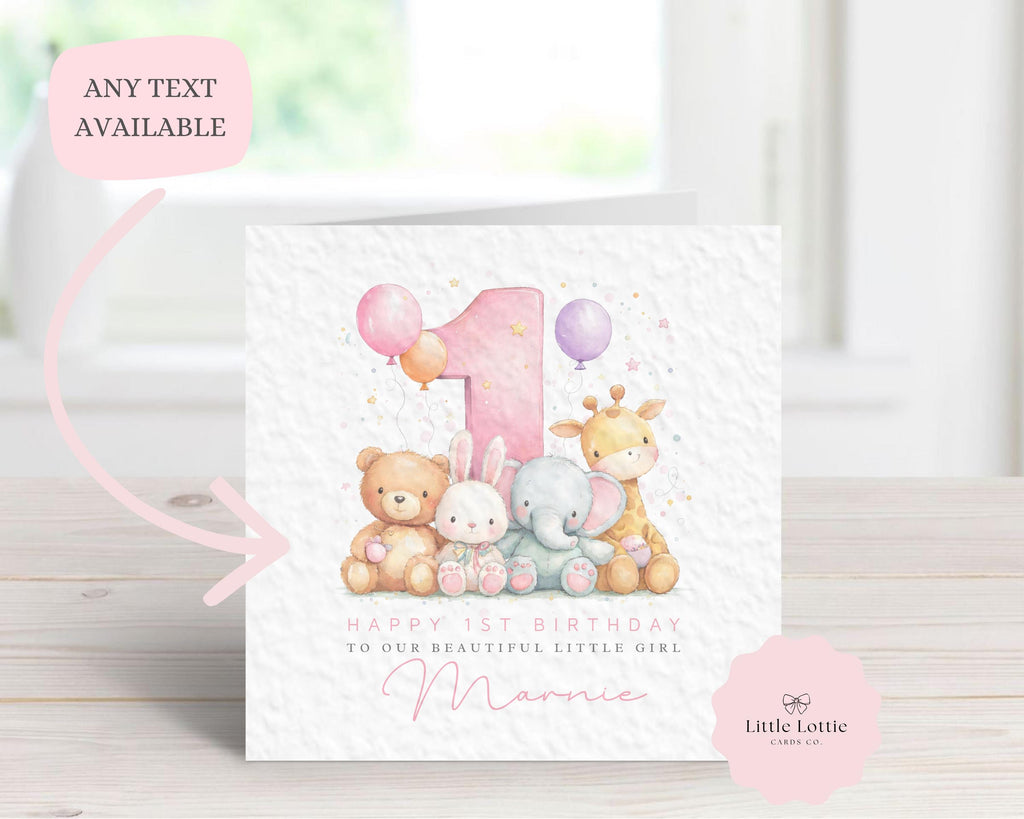 Personalised Girl's 1st Birthday Card - Watercolor Jungle & Woodland Animals Design - Large Pink Number 1 - Custom Name & Relation - Luxury 6" Square Card for Daughter, Granddaughter