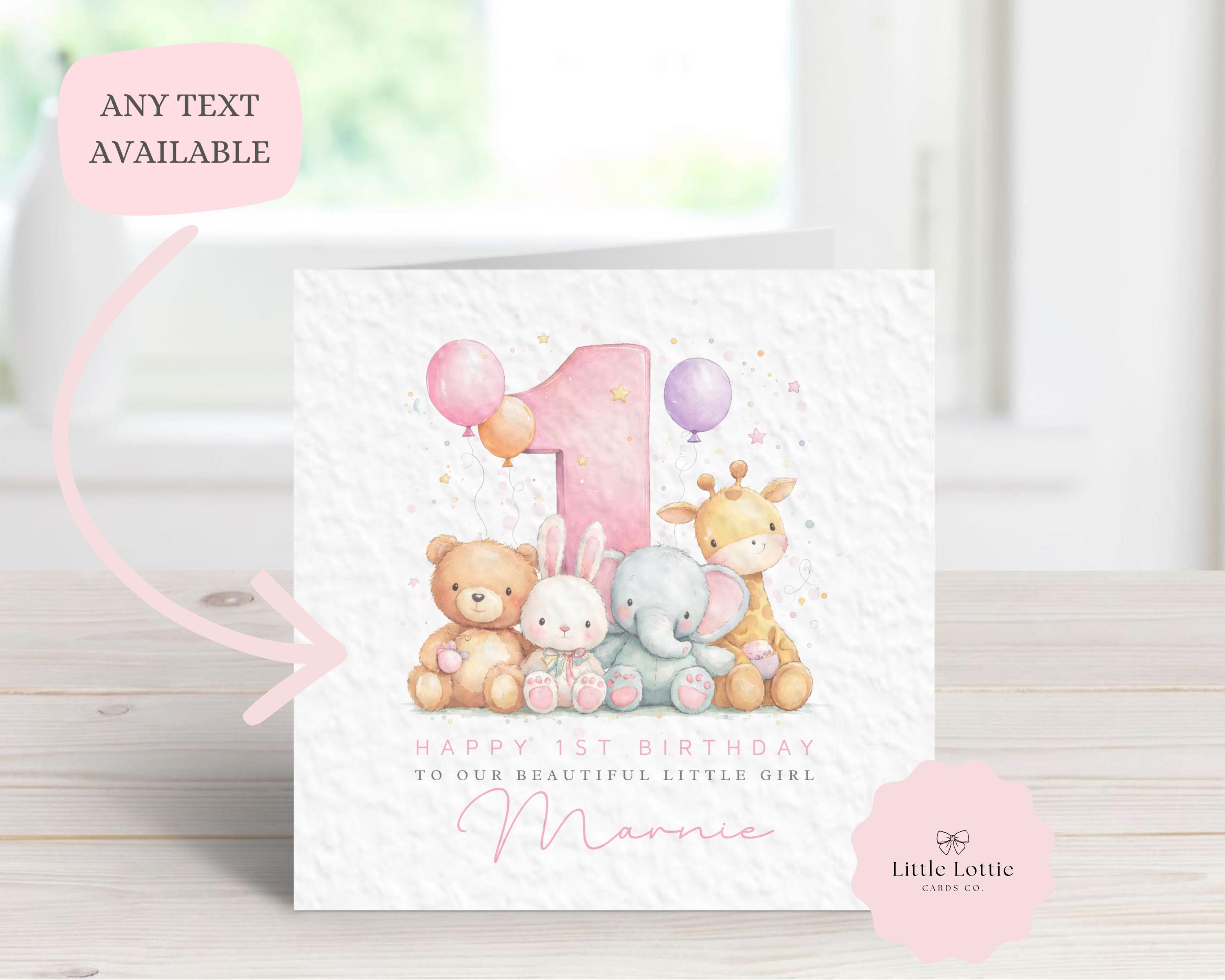 Personalised Girl's 1st Birthday Card - Watercolor Jungle & Woodland Animals Design - Large Pink Number 1 - Custom Name & Relation - Luxury 6" Square Card for Daughter, Granddaughter