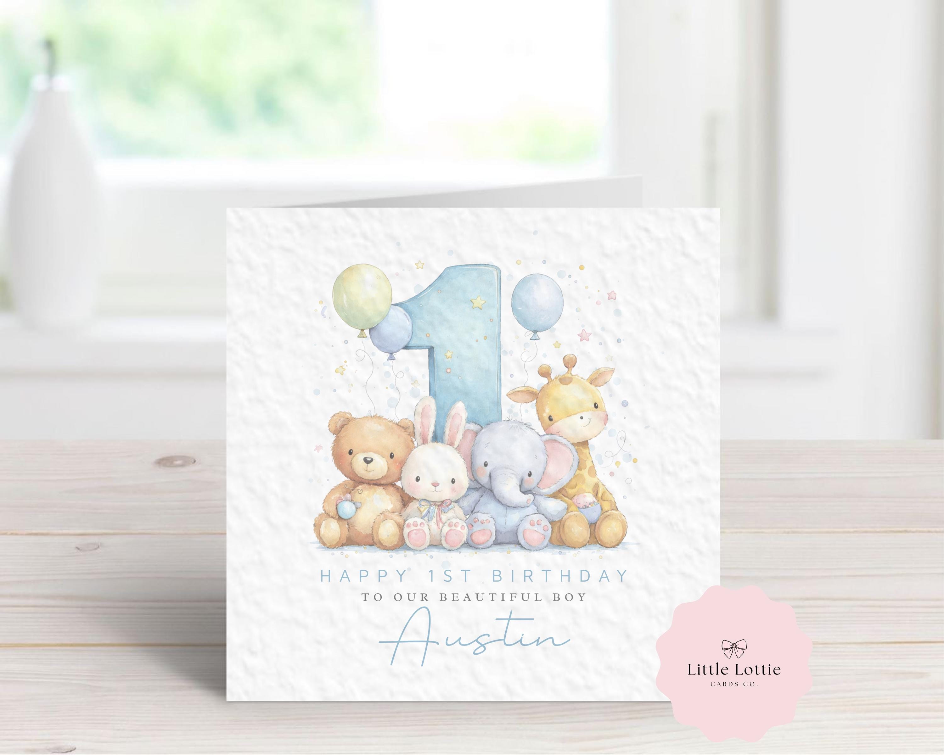 Personalised Boy's 1st Birthday Card - Watercolor Jungle & Woodland Animals Design - Large Blue Number 1 - Custom Name & Relation - Luxury 6" Square Card for Son, Grandson