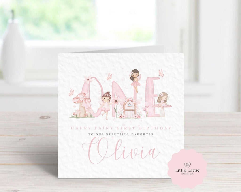 Personalised Fairy 1st Birthday Card - Watercolor "ONE" Lettering with Fairies, Toadstools & Butterflies - Custom Name & Relation - Large 6" Square Card for Daughter, Granddaughter