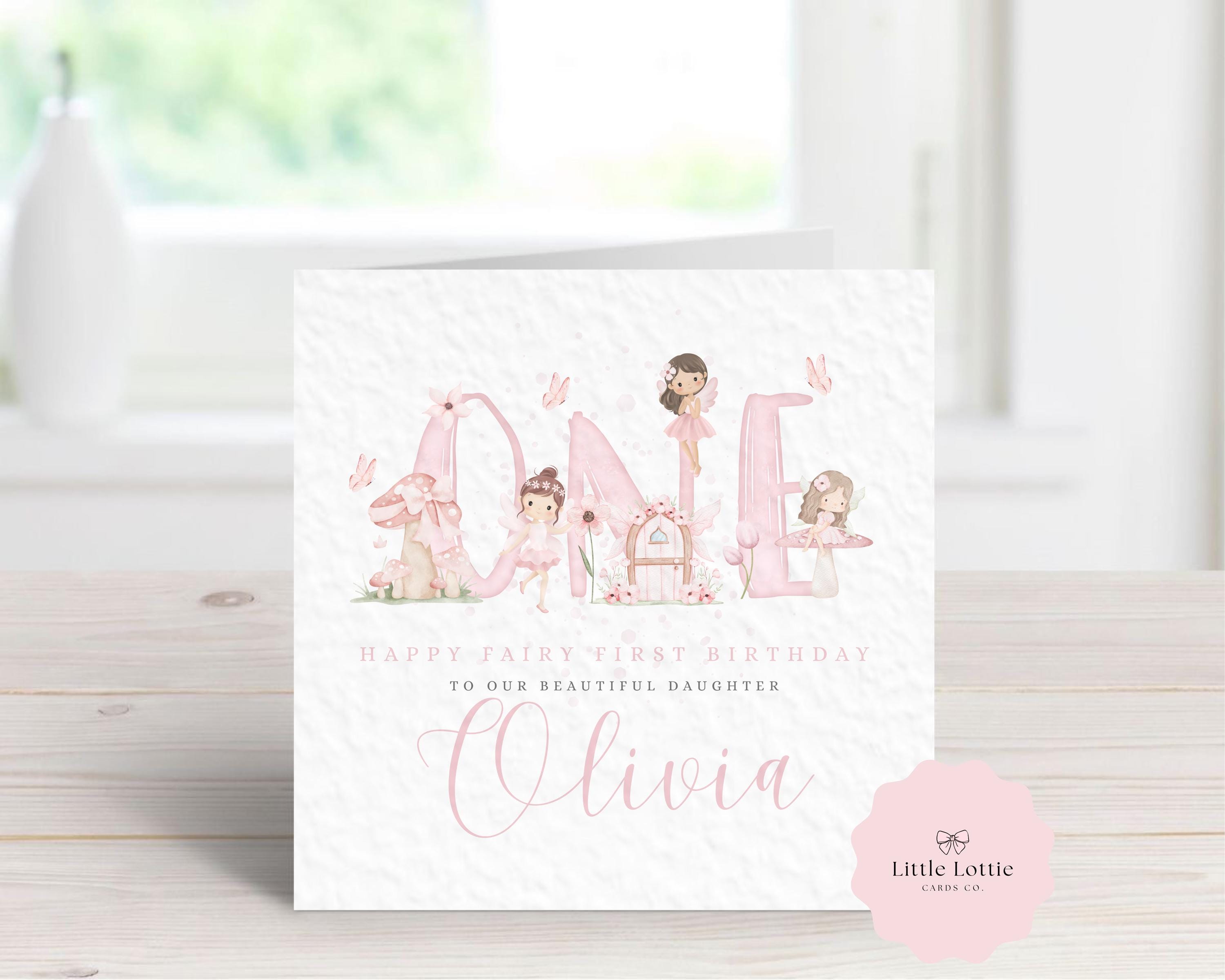 Personalised Fairy 1st Birthday Card - Watercolor "ONE" Lettering with Fairies, Toadstools & Butterflies - Custom Name & Relation - Large 6" Square Card for Daughter, Granddaughter
