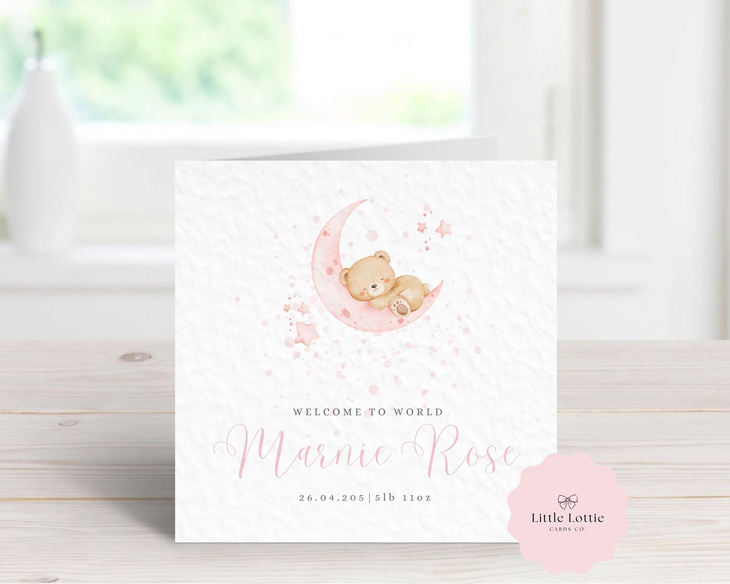 Personalised New Baby Girl Card - Watercolour Sleeping Bear on Moon