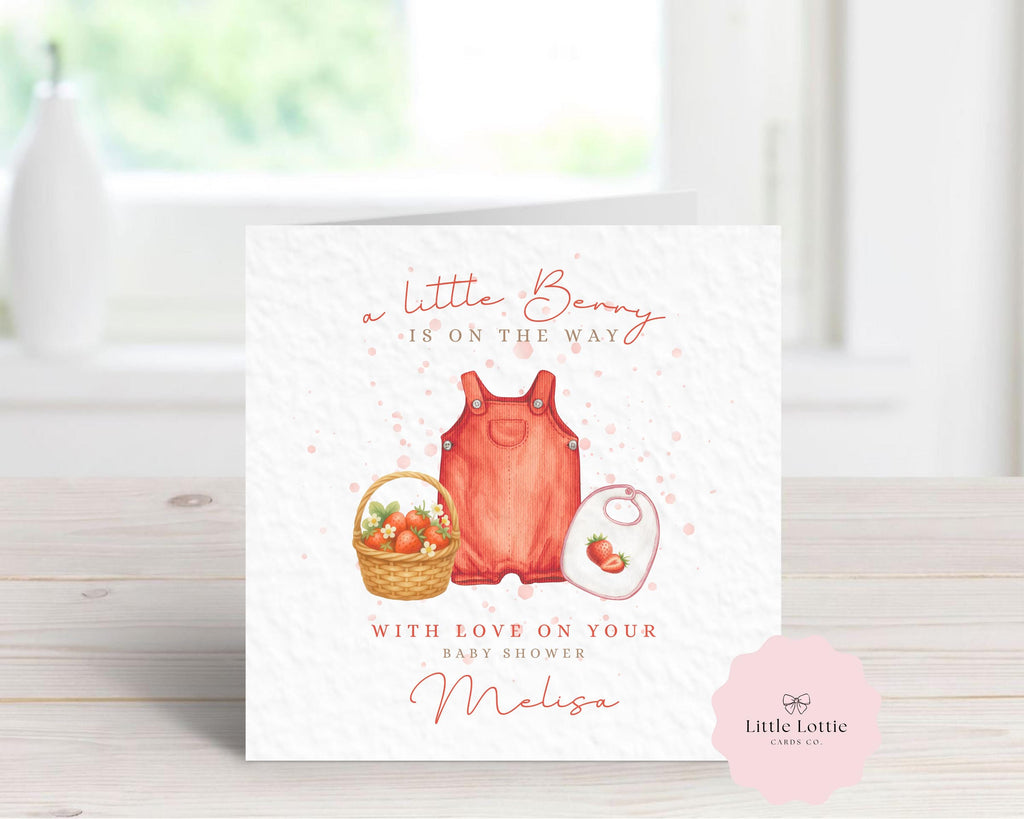 Personalised Baby Shower Card - "A Little Berry is on the Way" Watercolor Strawberry Theme - Custom Name - Luxury 6" Square Card for New Mum, Mummy to Be
