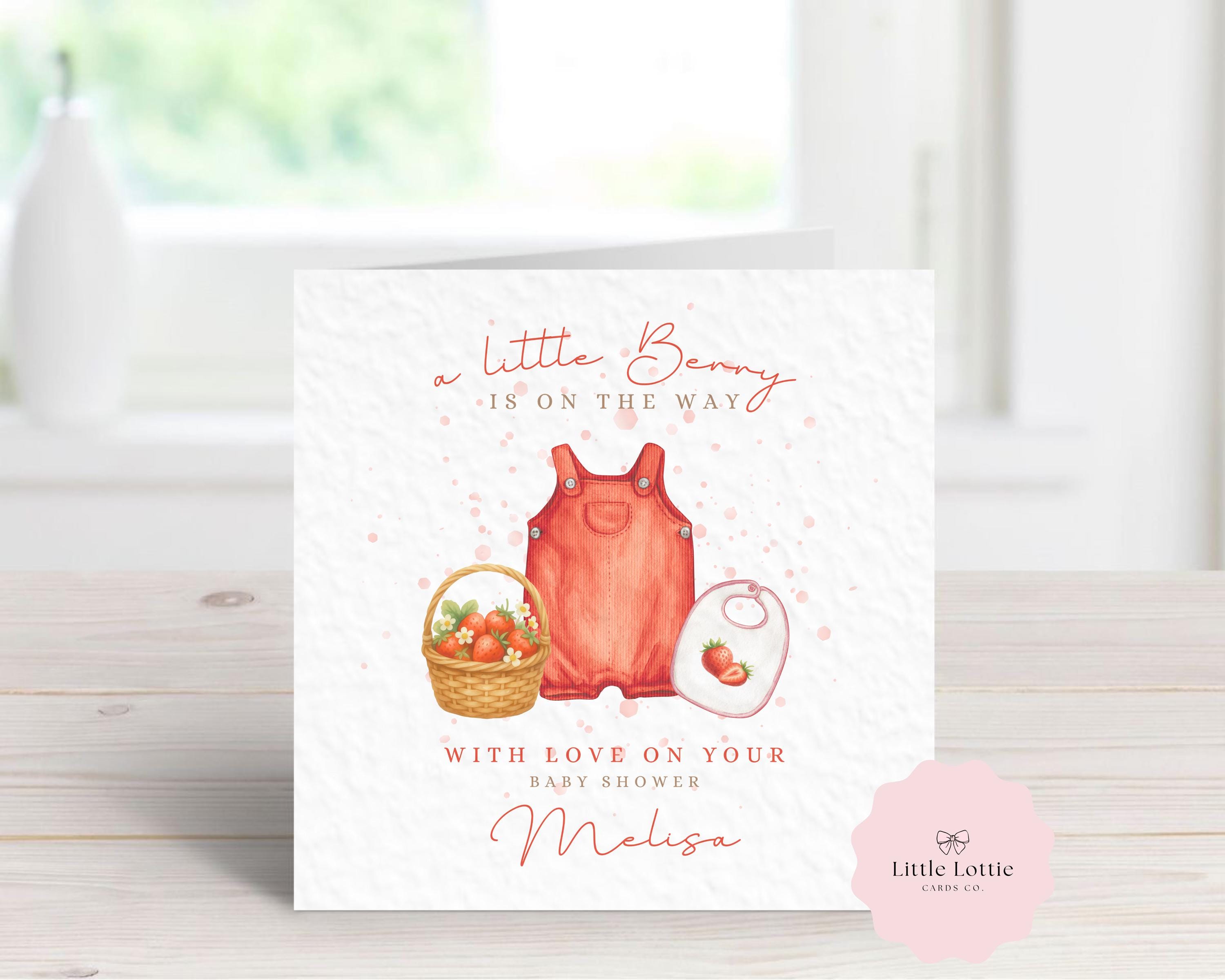 Personalised Baby Shower Card - "A Little Berry is on the Way" Watercolor Strawberry Theme - Custom Name - Luxury 6" Square Card for New Mum, Mummy to Be