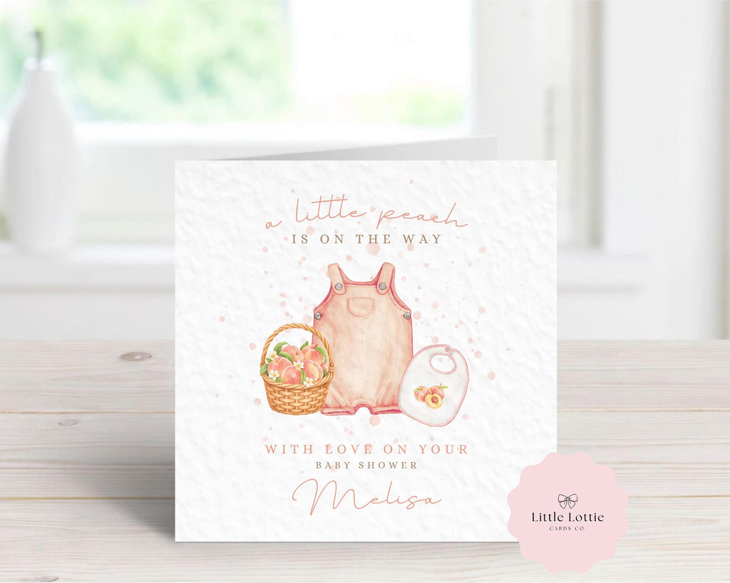Personalised Baby Shower Card - "A Little Peach is on the Way" Watercolor Fruit Theme - Custom Name - Luxury 6" Square Card for New Mum, Mummy to Be