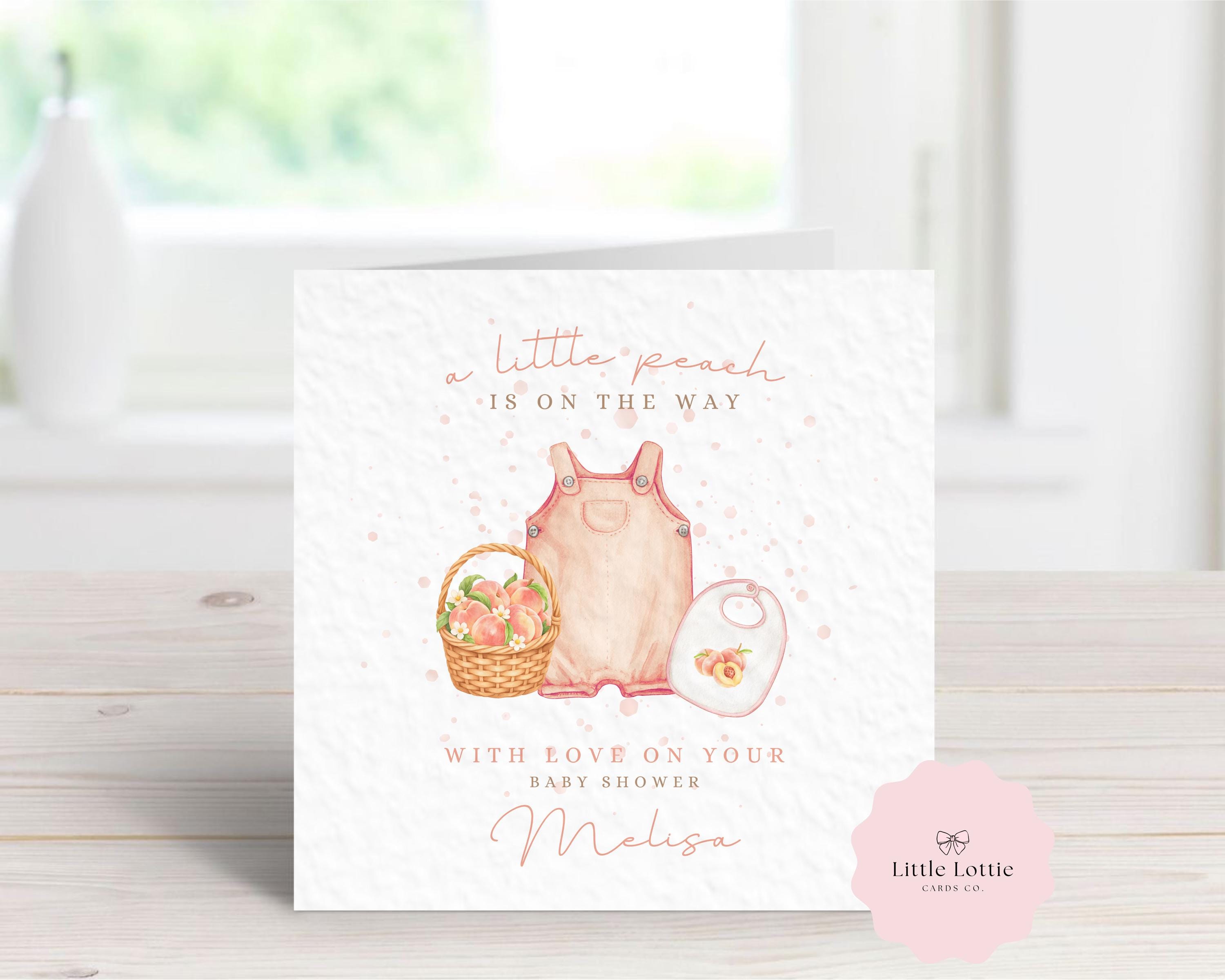 Personalised Baby Shower Card - "A Little Peach is on the Way" Watercolor Fruit Theme - Custom Name - Luxury 6" Square Card for New Mum, Mummy to Be