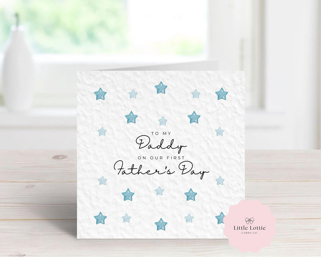 Personalised Father's Day Card - Blue Watercolor Stars - Any Name & Relation - Custom Card for Dad, Daddy, Grandad - First Father's Day Card - Large 6" Square