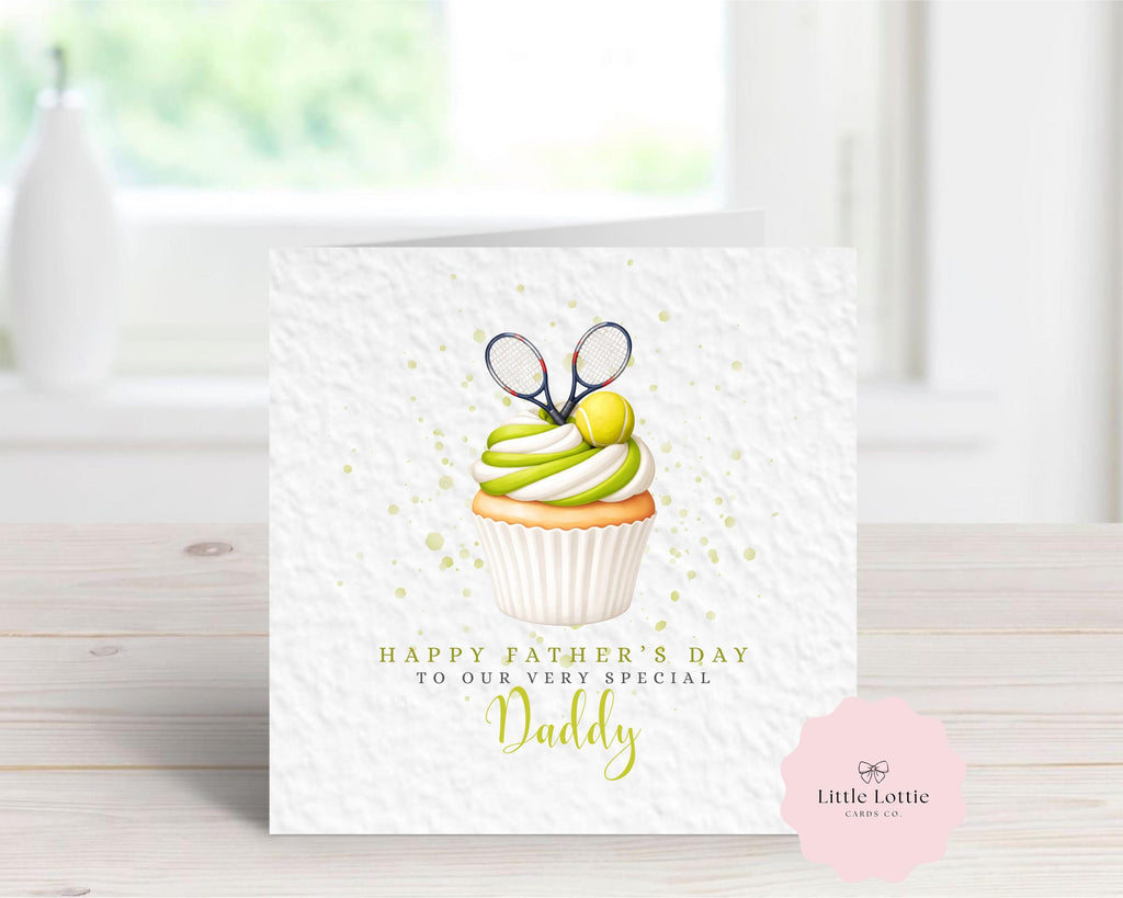 Personalised Tennis Cupcake Card - Watercolor Tennis Rackets & Ball Design - Custom Name & Relation - Luxury 6" Square Card for Dad, Grandad, Son - Perfect for Father's Day or Birthdays