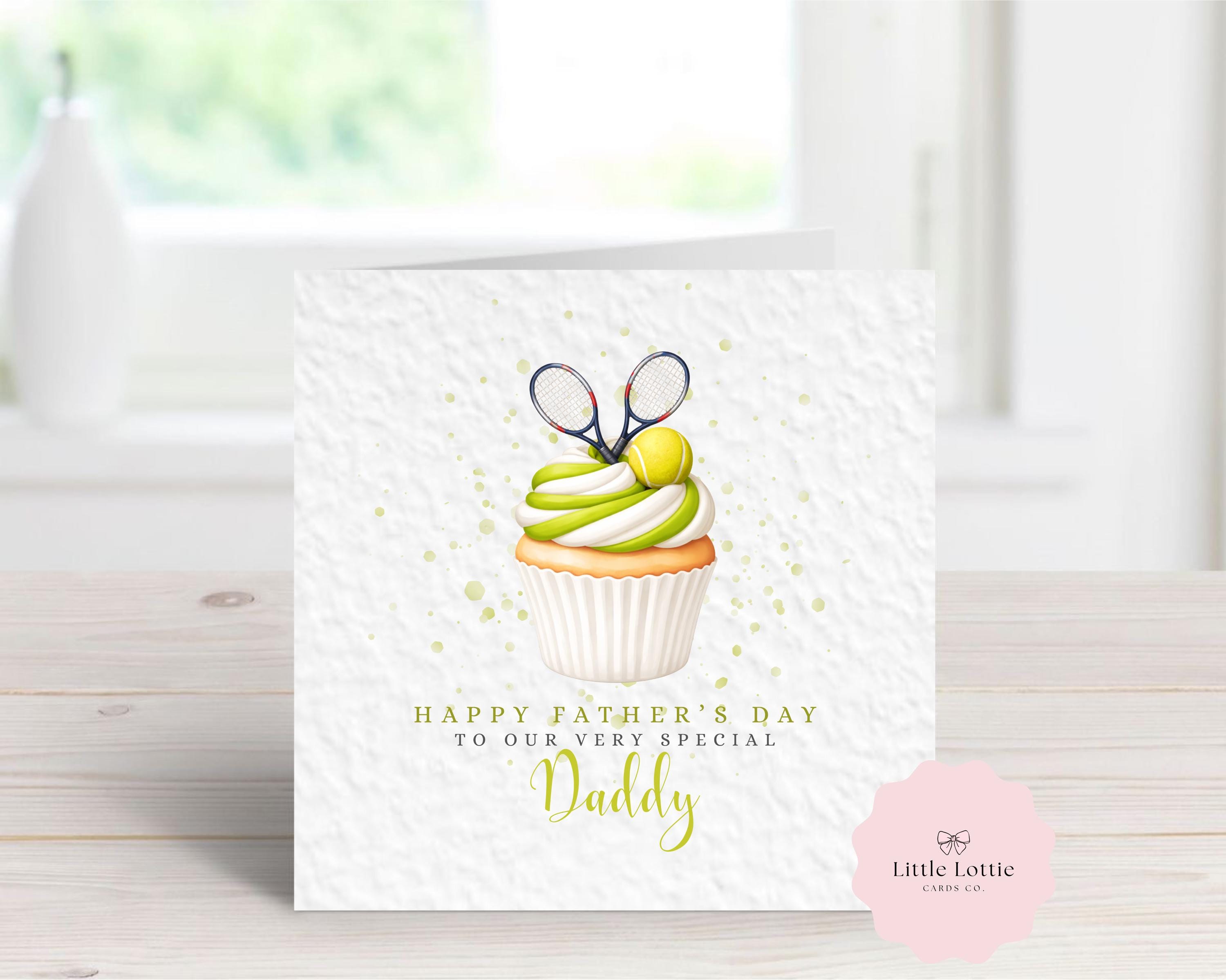 Personalised Tennis Cupcake Card - Watercolor Tennis Rackets & Ball Design - Custom Name & Relation - Luxury 6" Square Card for Dad, Grandad, Son - Perfect for Father's Day or Birthdays