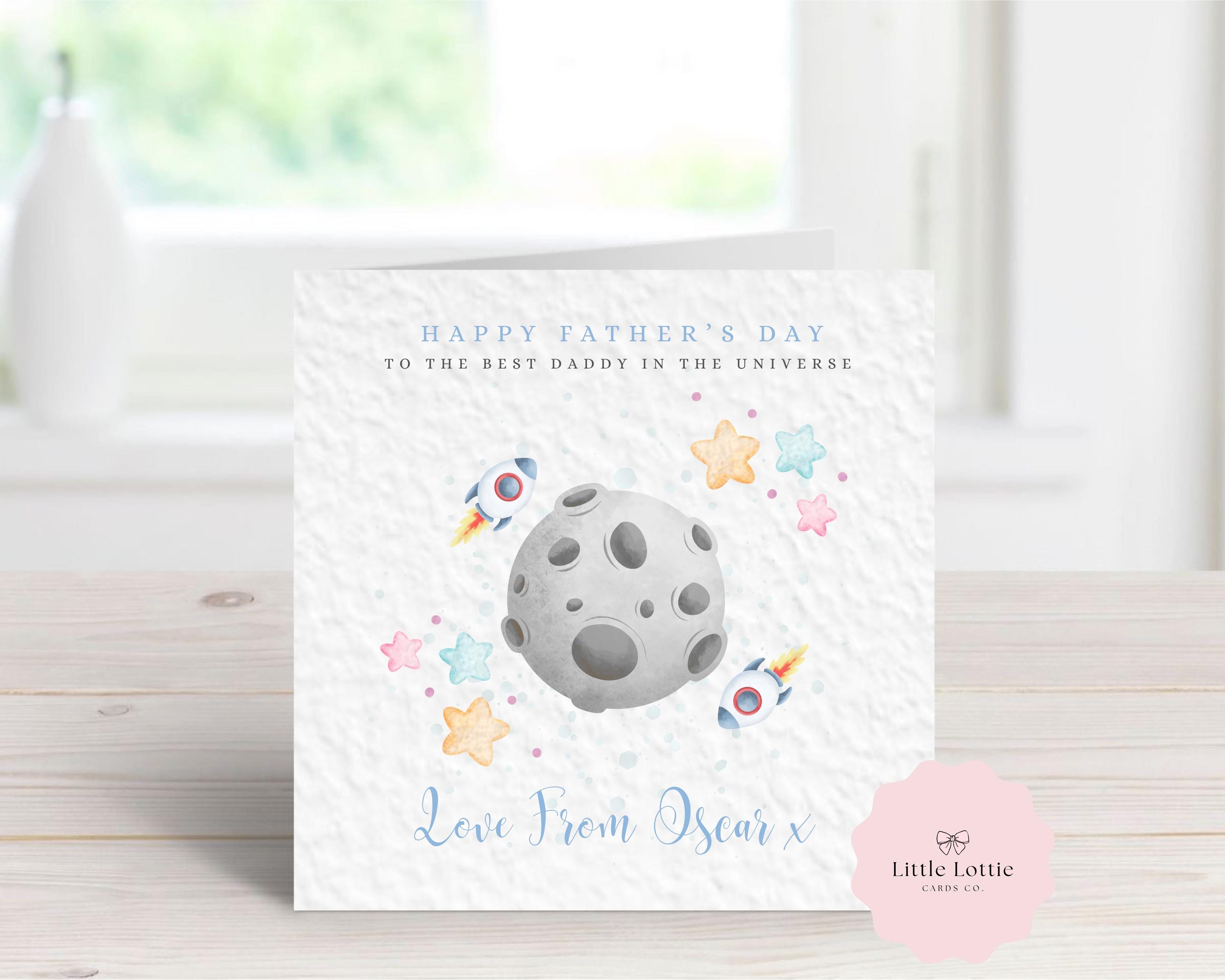 Personalised Father’s Day Card from Child - Space Rocket & Moon Watercolor Illustration - Custom Name & Relation - To the Best Daddy in the Universe - Large 6" Square