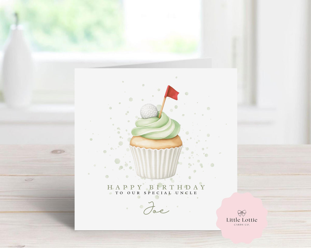 Personalised Golf Birthday Card - Any Name & Relation - Cute Watercolor Golf Cupcake with Ball & Flag Illustration - Custom Card for Uncle, Dad, Grandad - Large 6" Square