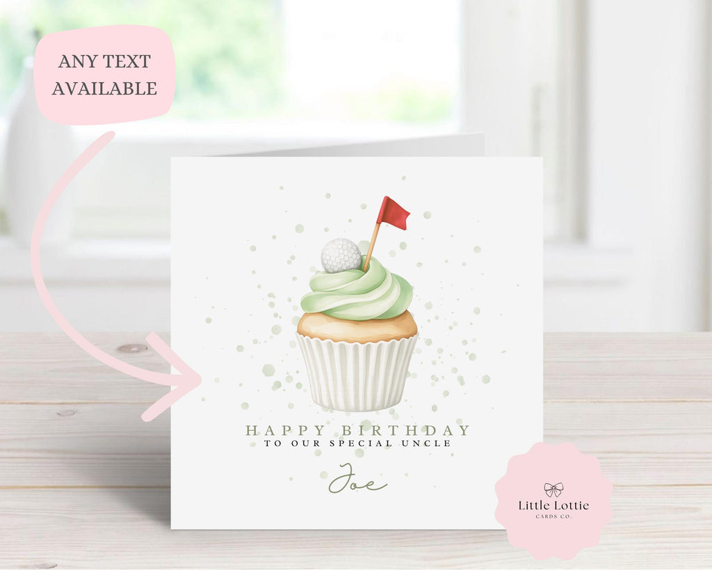Personalised Golf Birthday Card - Any Name & Relation - Cute Watercolor Golf Cupcake with Ball & Flag Illustration - Custom Card for Uncle, Dad, Grandad - Large 6" Square